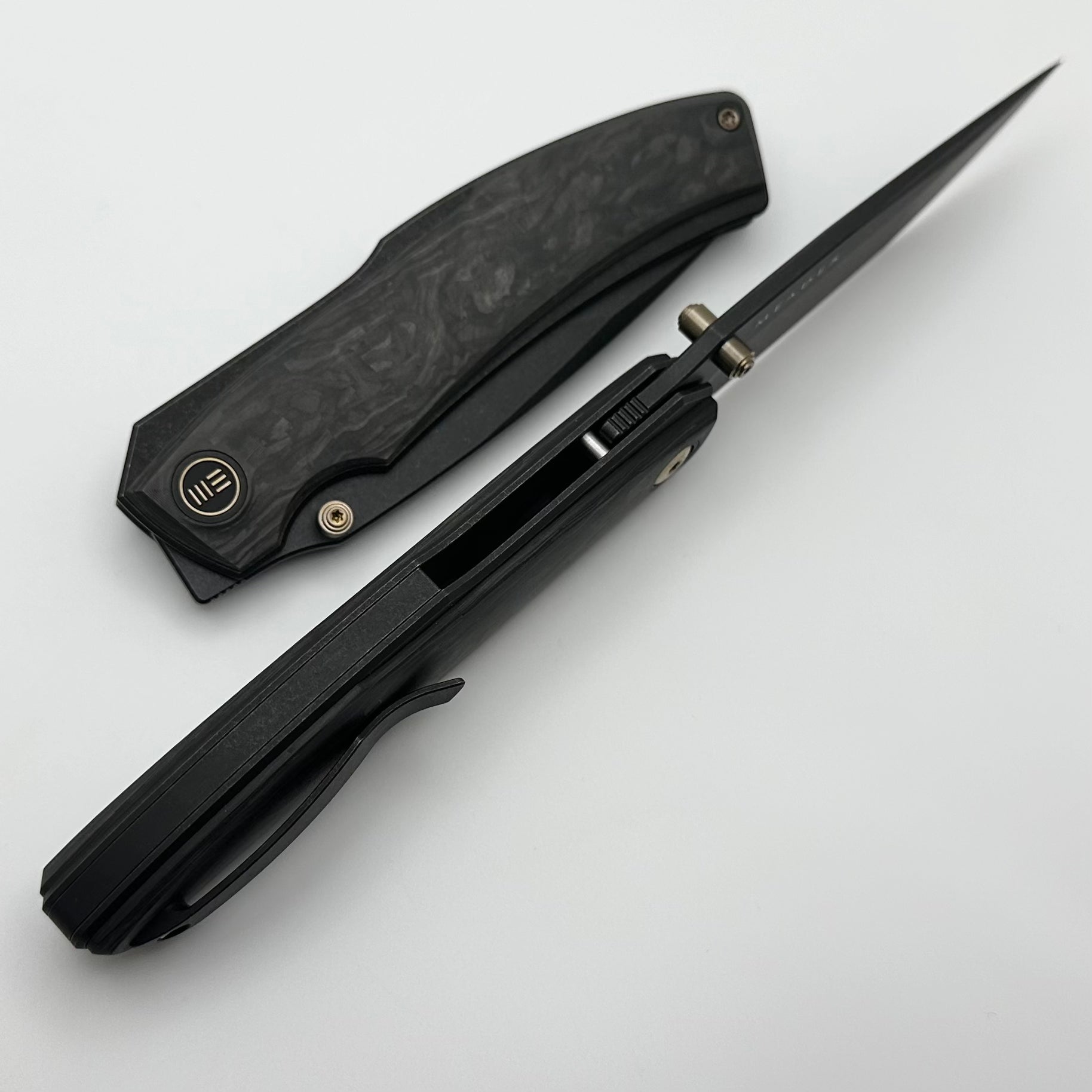 Premium WE Swordfin Tactical Knife - Carbon Fiber & Black Titanium Handles with Black Stonewash 20CV Blade