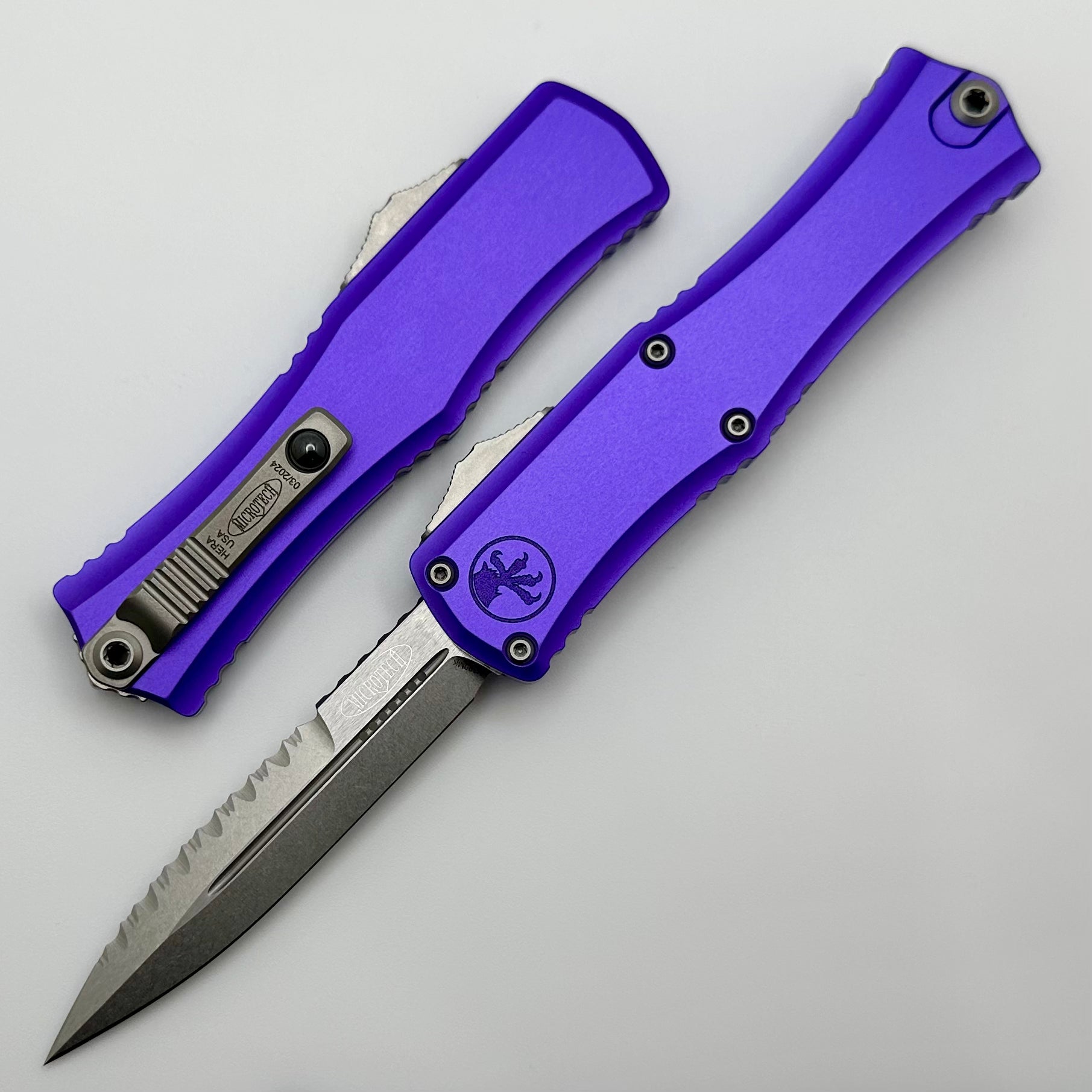 Microtech Premium Mini Hera OTF Knife - Full Serrated M390MK Blade with Purple Aluminum Handle