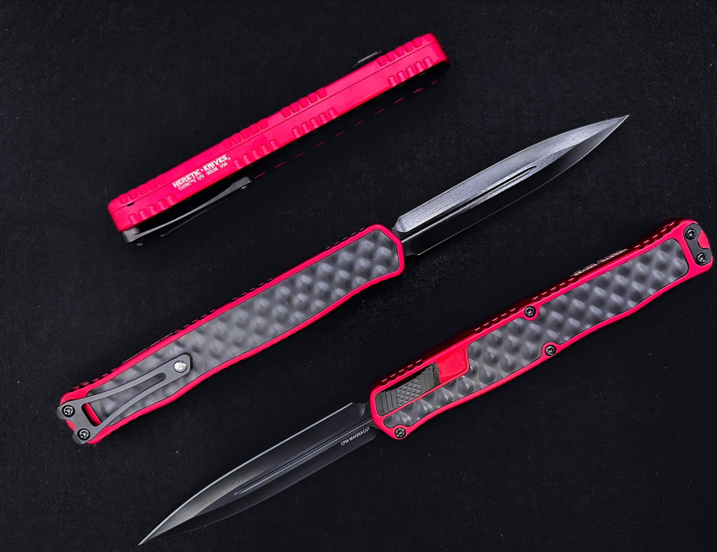 Heretic Knives Cleric II 2 Black Double Edge Magnacut Knife with Red & Black Stainless Bubble Inlays | Premium Tactical EDC