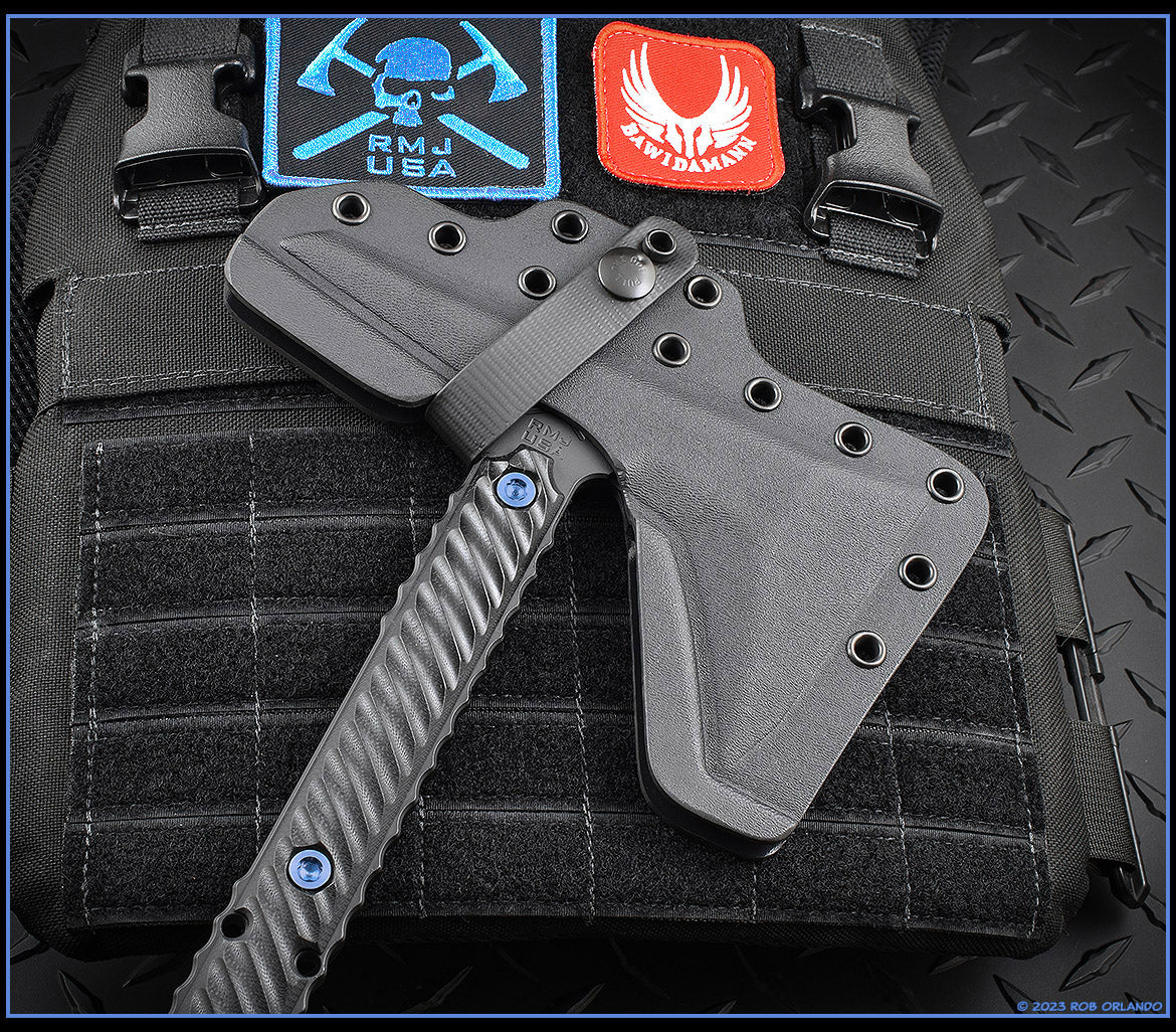 Premium RMJ Tactical Ragnarok 12 Blackout Tomahawk with Blue Hardware - Ultimate Tactical Tool