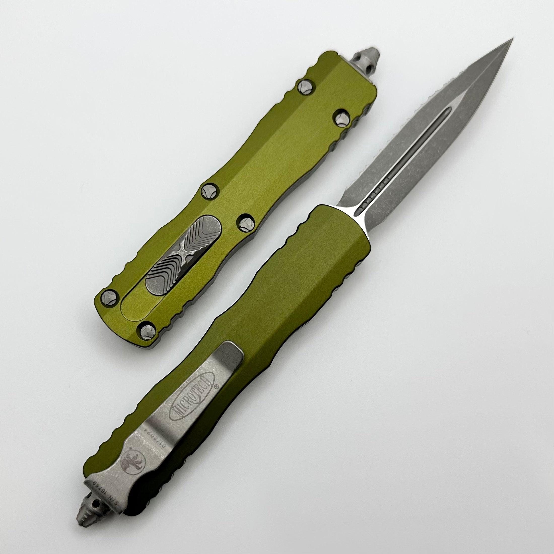 Microtech Dirac Double Edge Full Serrated Apocalyptic Standard & OD Green - Ultimate Tactical Knife