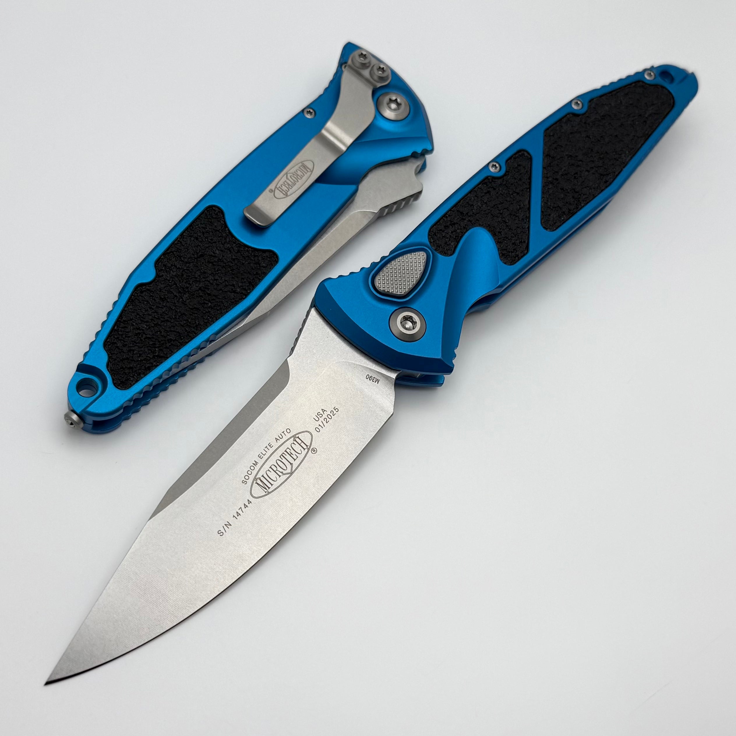 Microtech Socom Elite Auto Tactical Knife - Blue Handles, Stonewash Finish