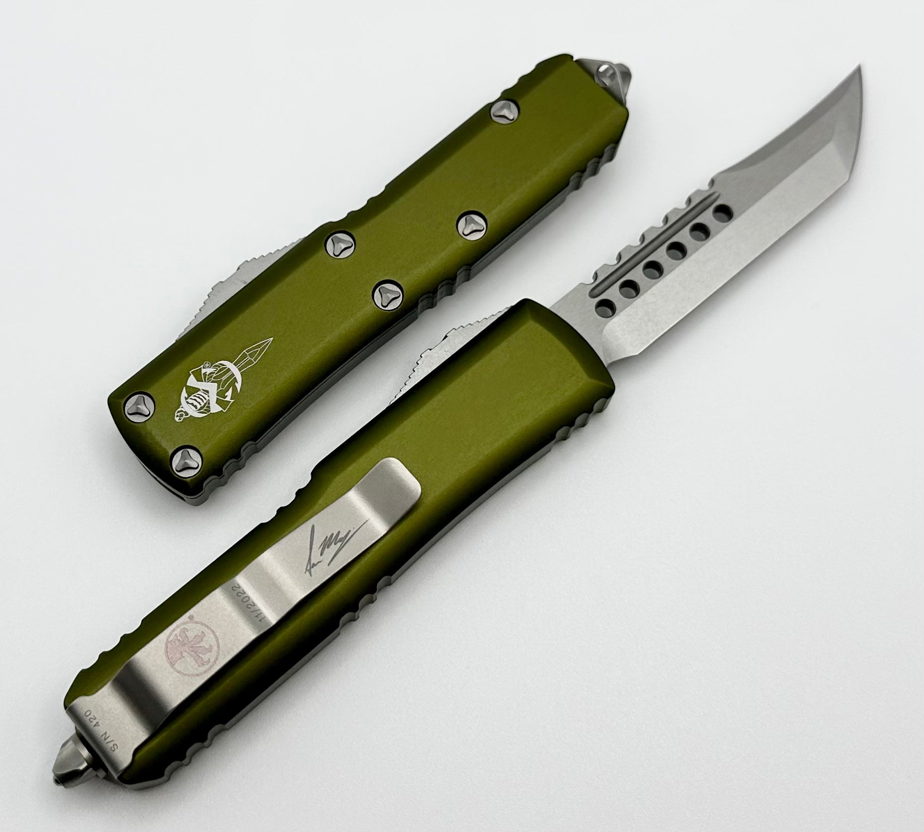 Microtech UTX-85 Hellhound EDC Knife - Stonewash Finish & OD Green Handle