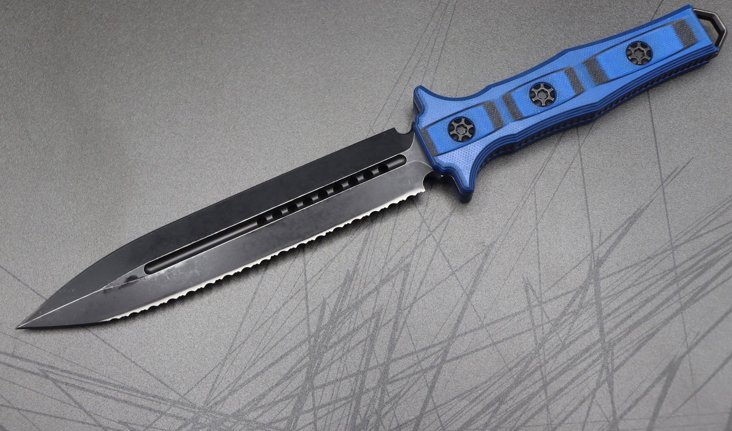 Heretic Knives Nephilim Ultimate Tactical Dagger - Black/Blue G-10 Handle & Double Edge Full Serrated Blade