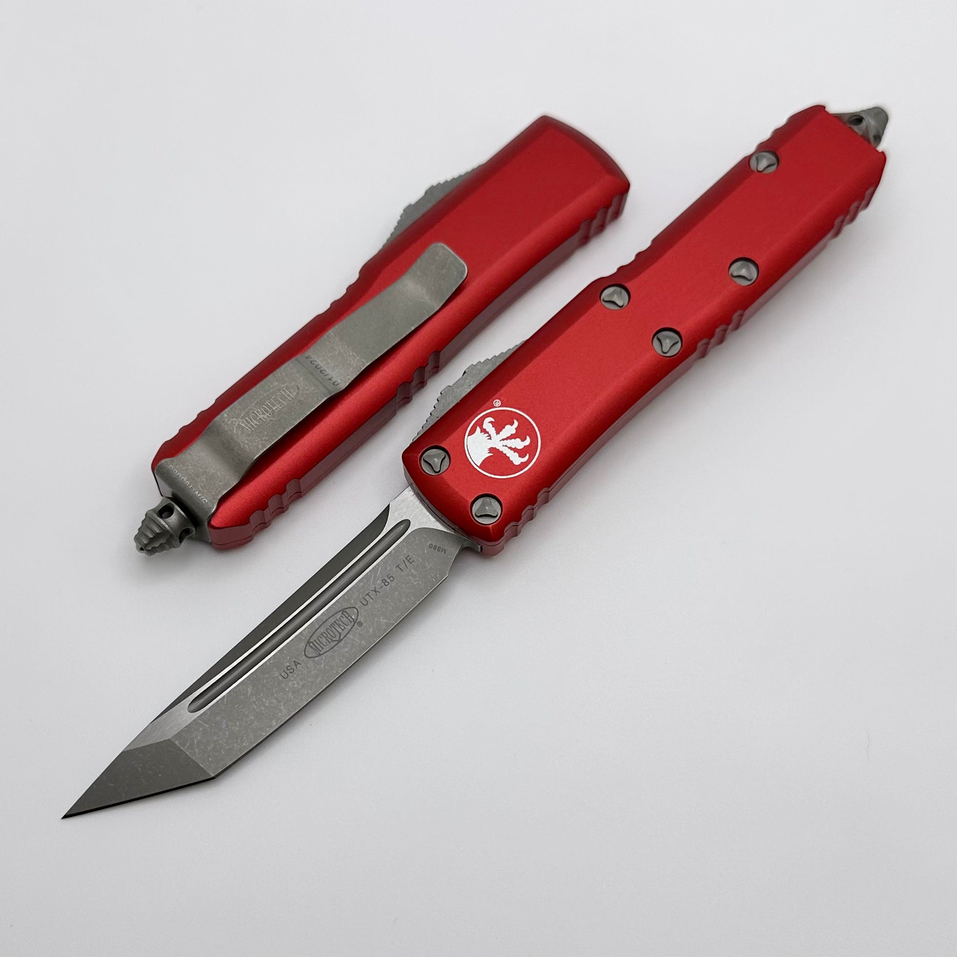 Microtech UTX-85 Tanto Tactical EDC Knife - Apocalyptic Finish & Red Accents