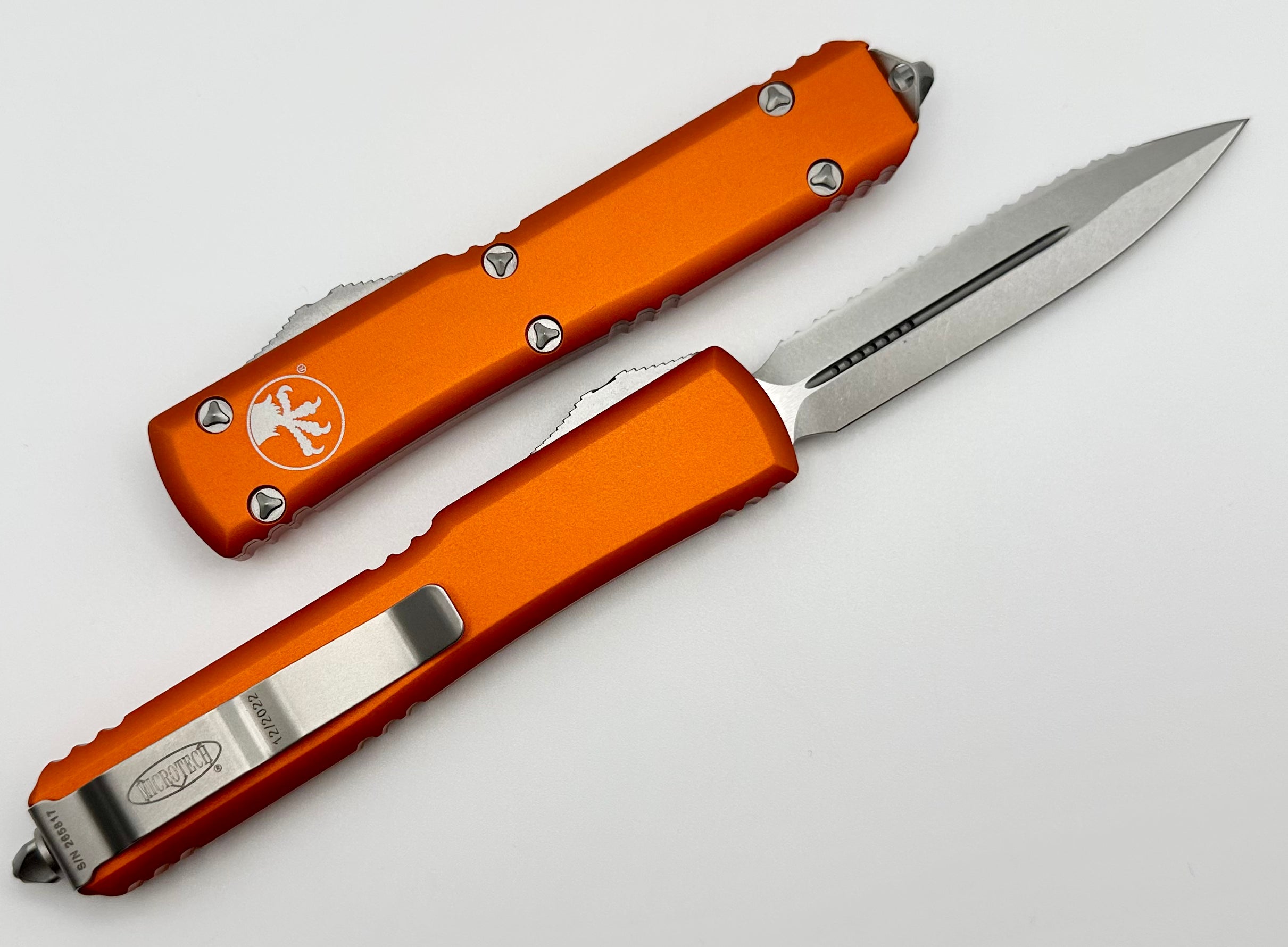 Microtech Ultratech Premium Orange Double Edge Knife - Full Serrated Stonewash