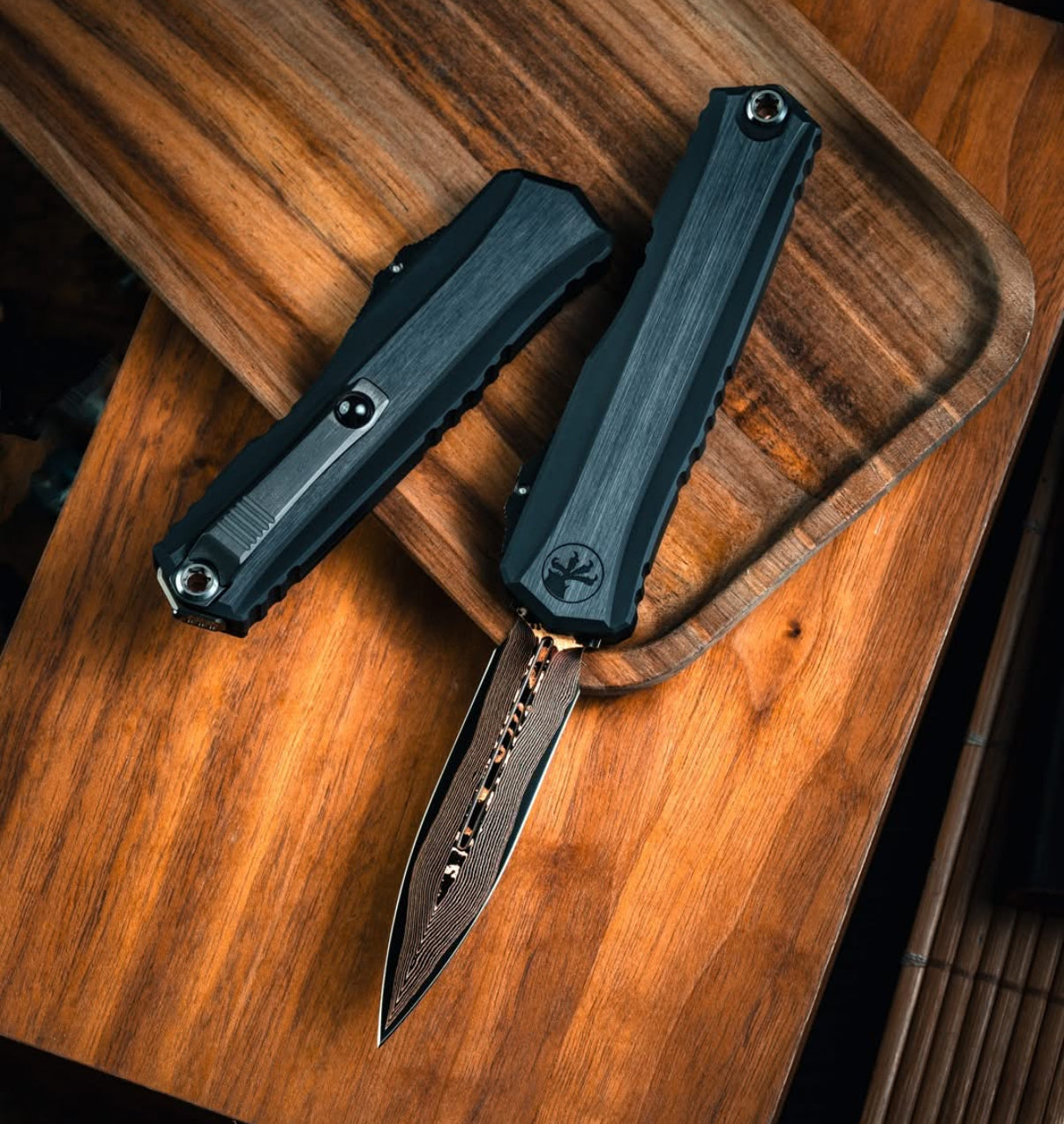 Microtech Marfione Select Cypher II Ultimate Tactical Knife - Black w/ Tritium Inlay & D/E Baker Forge Copper-Mai