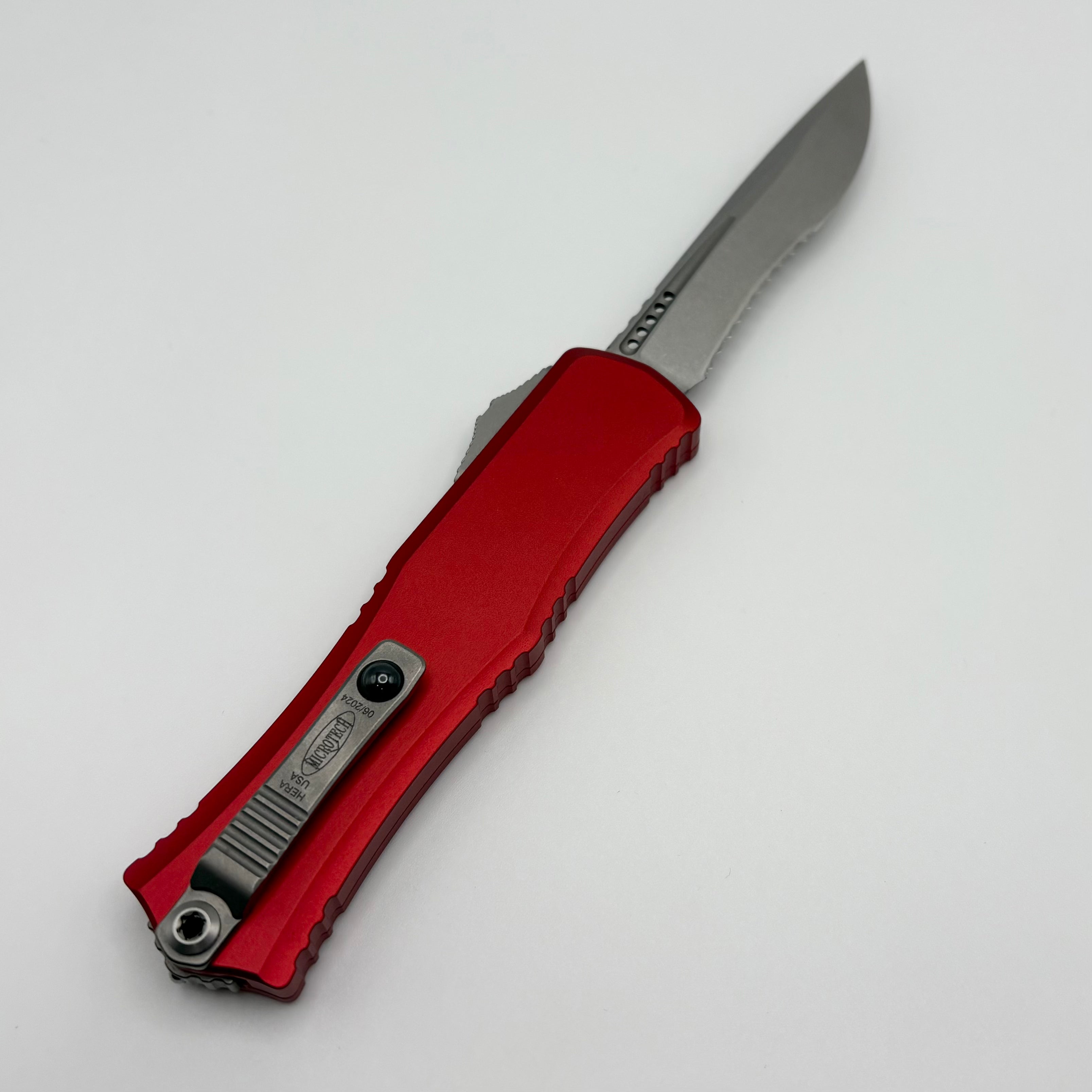 Premium Pre-Owned Microtech Hera II Mini Knife - Stonewash Finish, Red Aluminum Handle, M390MK Steel
