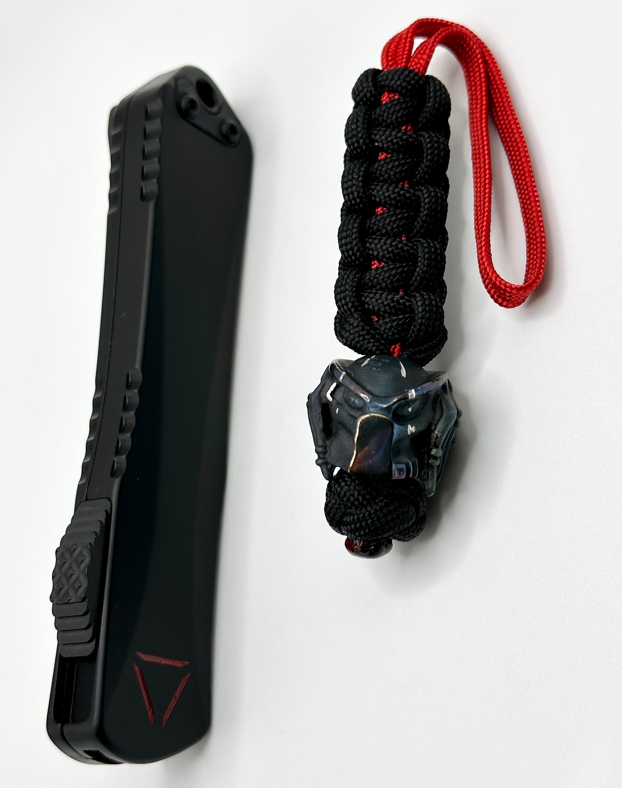 Heretic Knives Manticore E Black Predator Tactical OTF Knife with Red Reticle, Tanto MagnaCut Blade & Cobalt Predator Bead