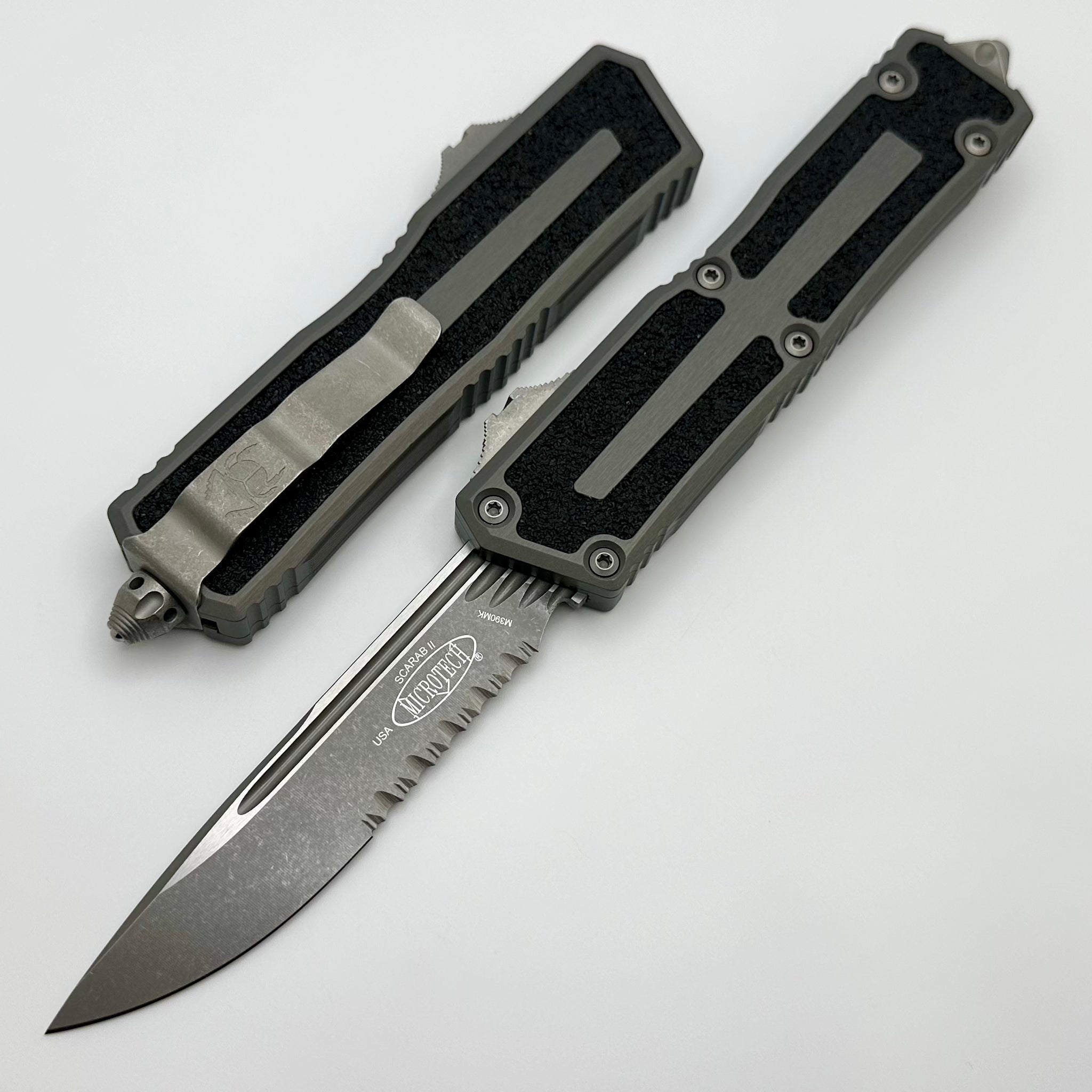 Microtech Scarab 2 Gen 3 Premium OTF Knife - Natural Clear, Partial Serrated, Apocalyptic Finish