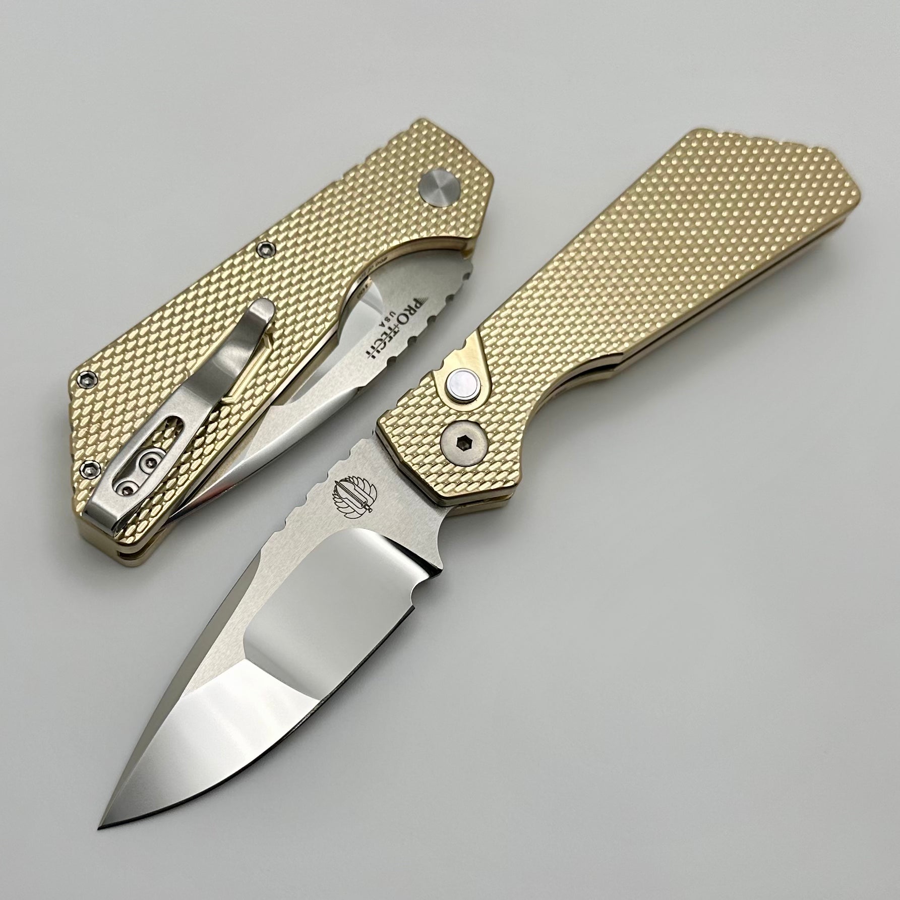 Premium Pro-Tech PT+ Custom Knife - Limited Edition 2024 with Textured AL/Bronze Handle & Hand Mirrored Blade