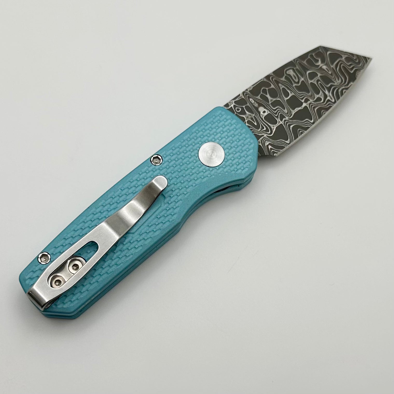 Pro-Tech Runt 5 Premium EDC Knife - Tiffany Blue Handle & Damascus Reverse Tanto Blade | Show Atlanta 2024