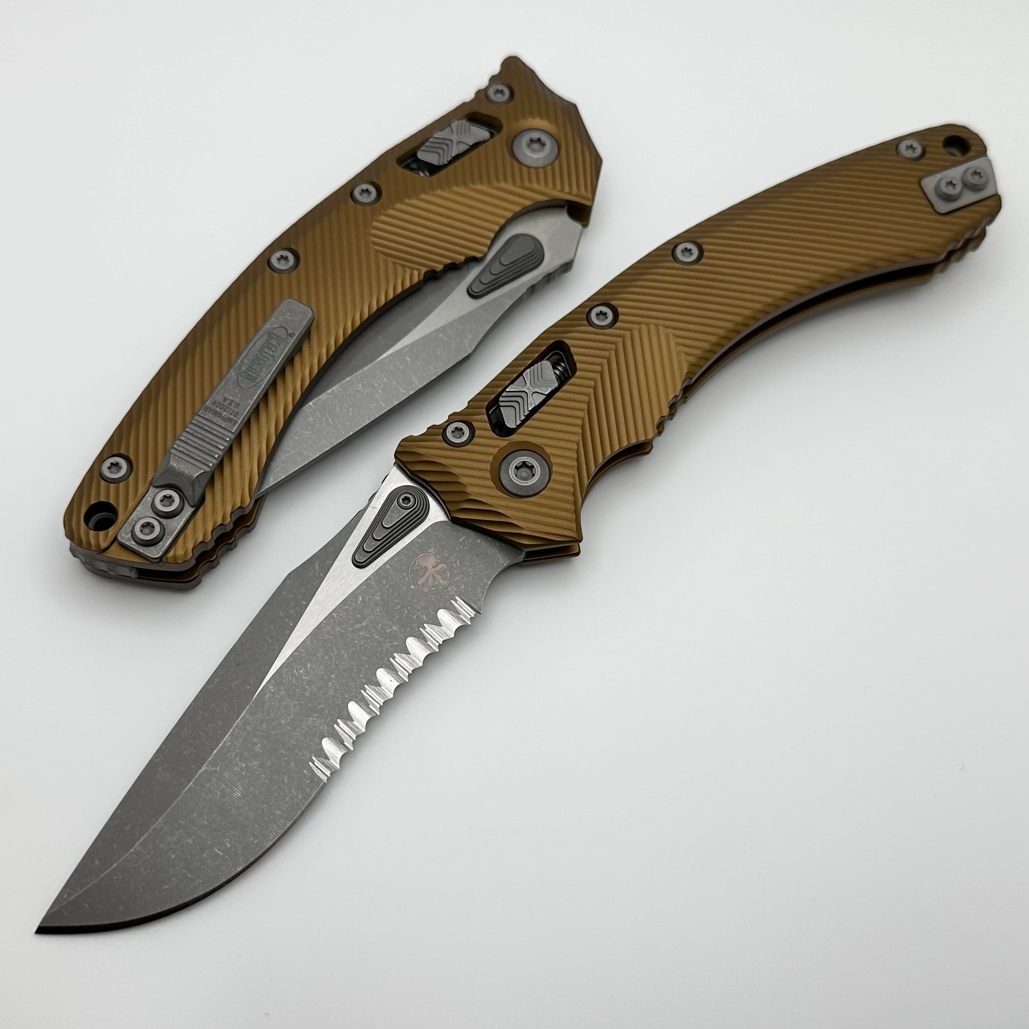 Microtech Amphibian RAM LOK Tan Fluted Aluminum Tactical Knife with Partial Serrated Apocalyptic M390MK Blade