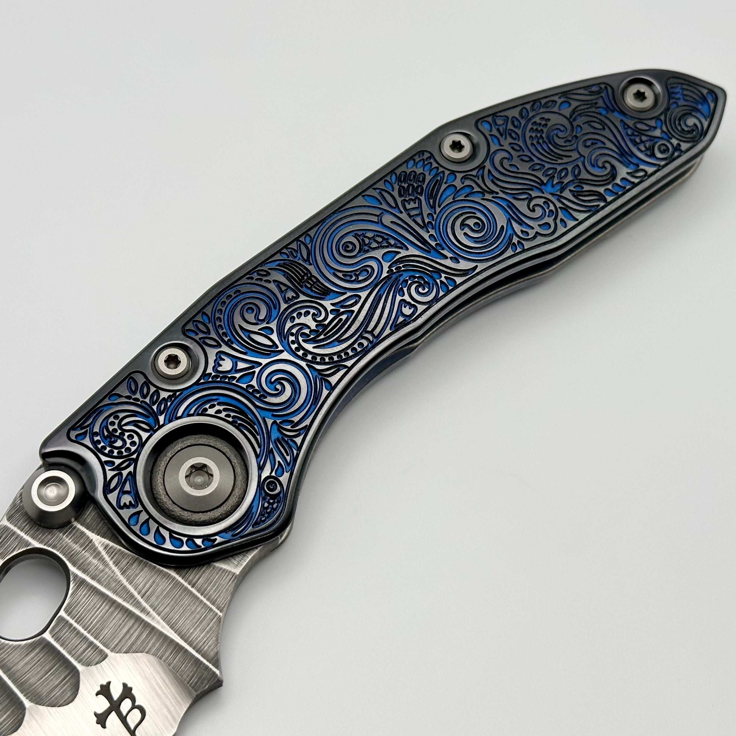 Premium Borka Blades Ti2 Custom Stitch Knife - Black Hula/Blue Natas Finish w/ Rocked M390 Blade