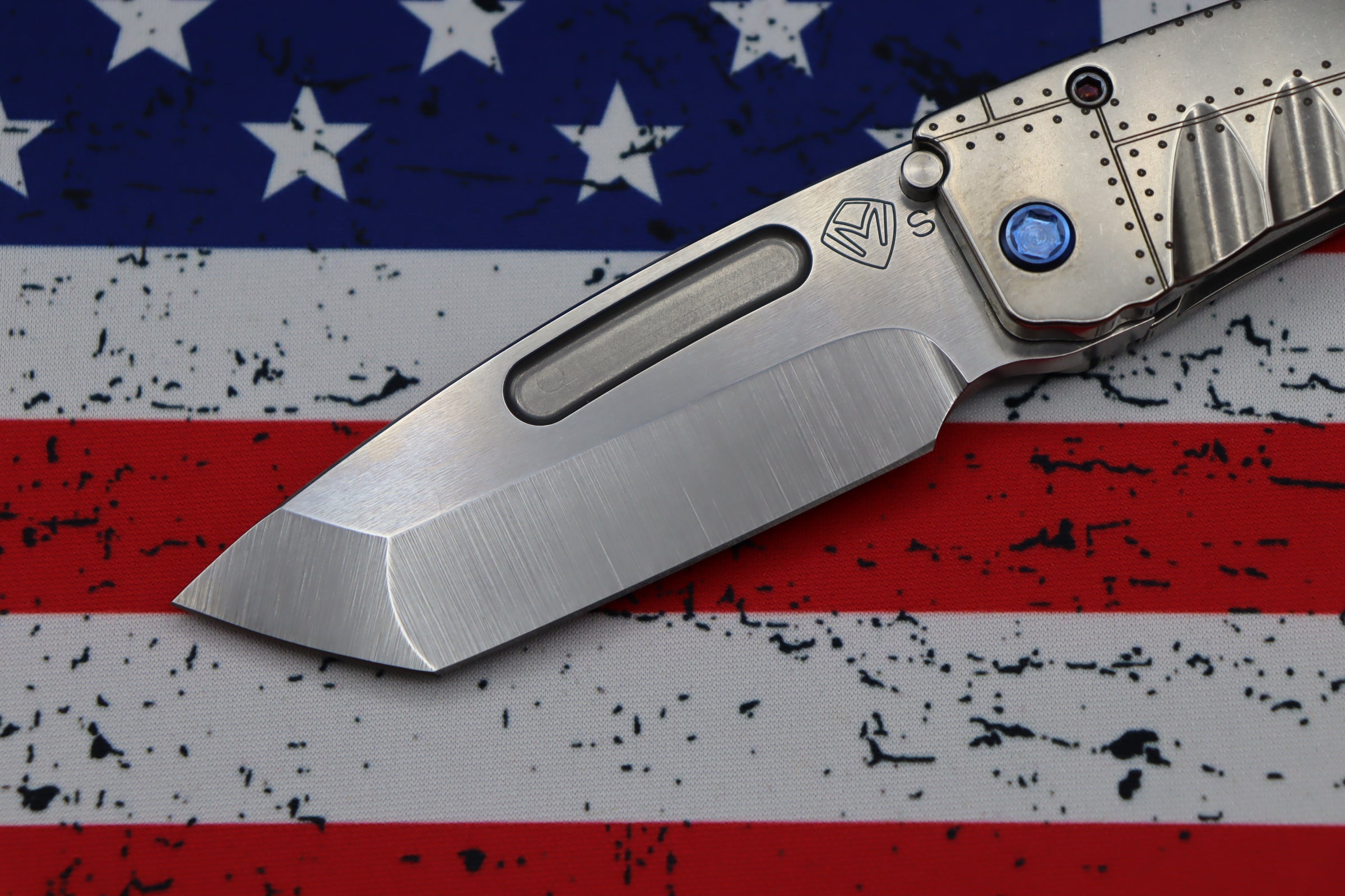 Medford Midi Marauder S35 Tanto Folding Knife with Tumbled Stars & Bars Handle and Blue Hardware - Premium EDC Companion