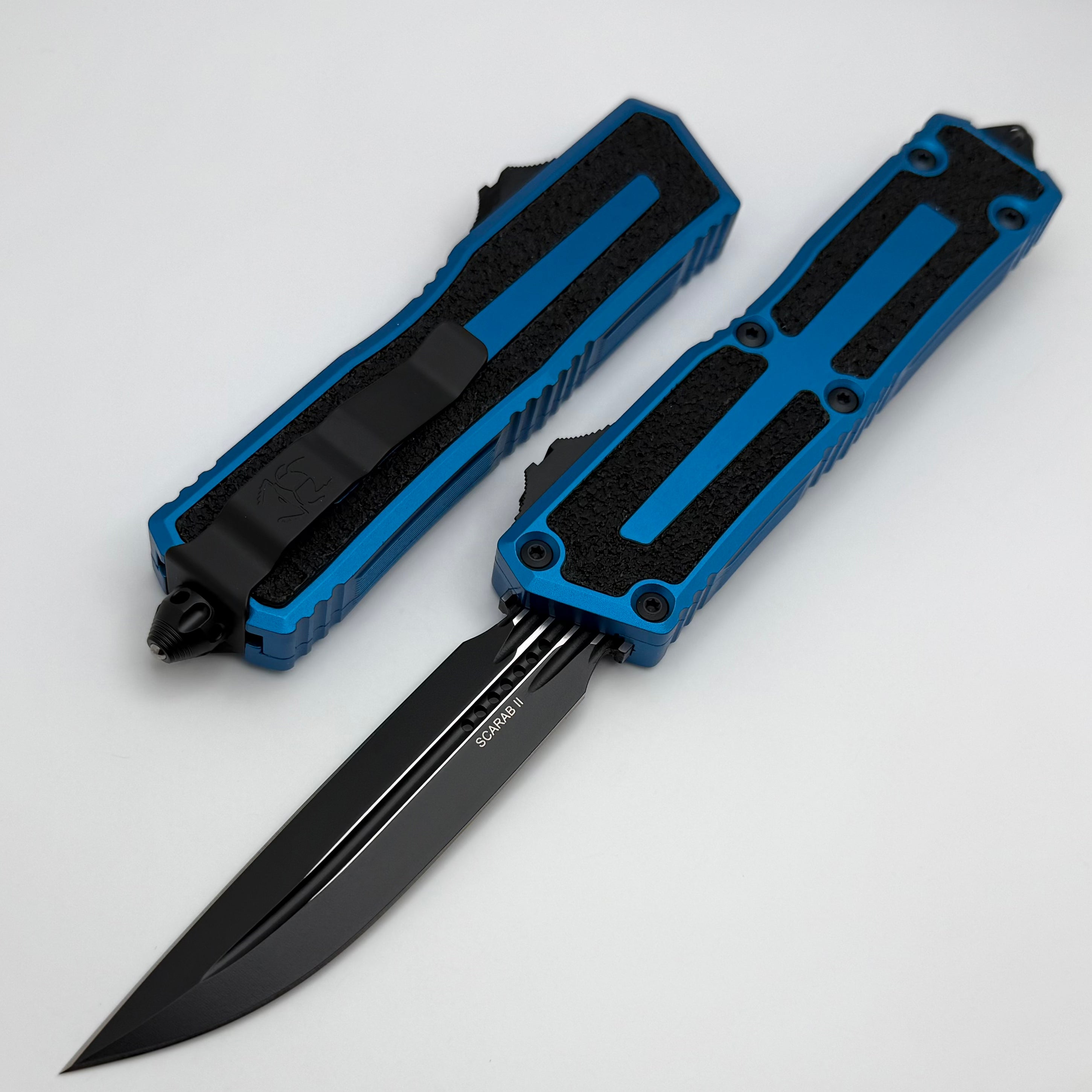 Microtech Scarab 2 Gen 3 Ultimate Tactical Knife - Black D/E-S with Blue Handles