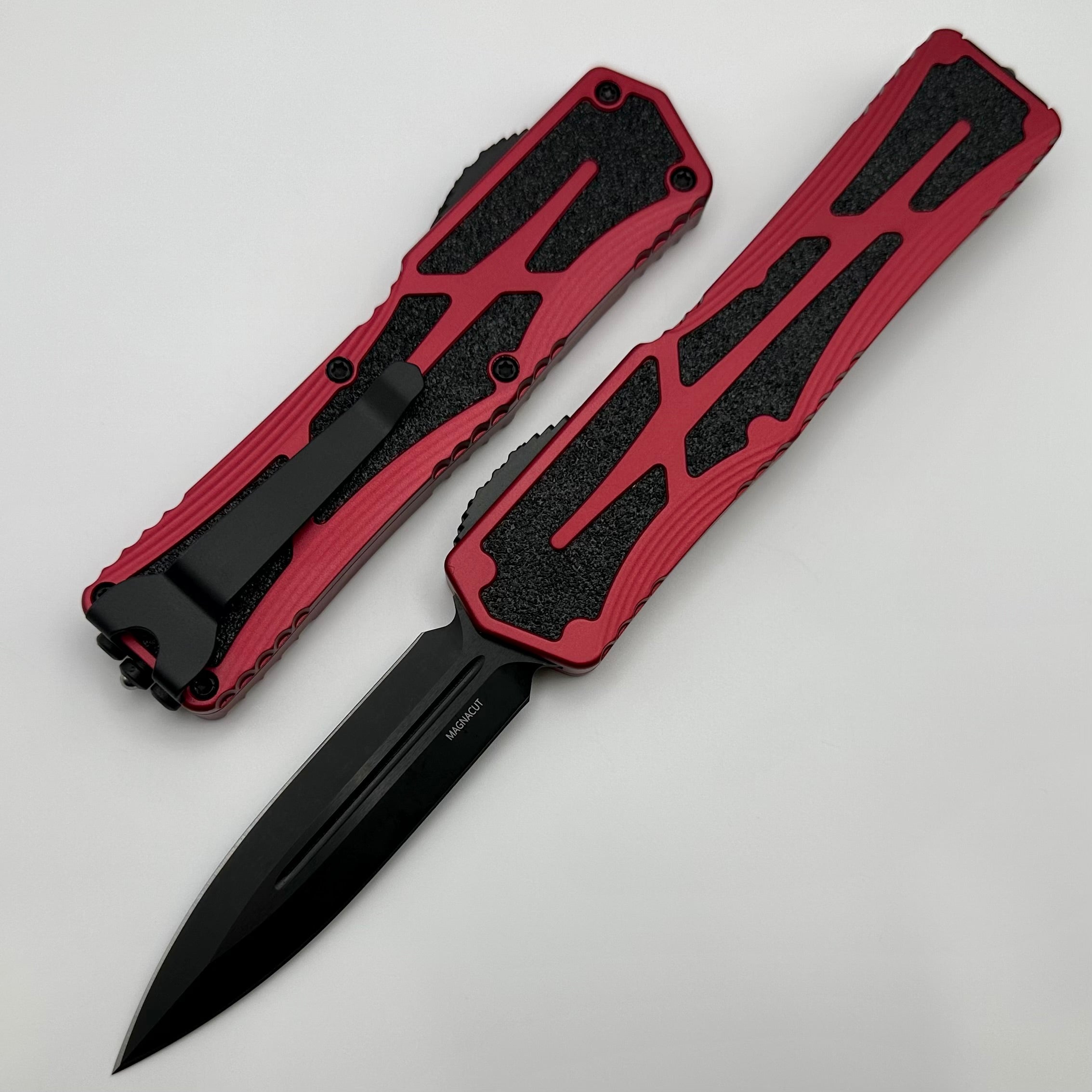 Premium Heretic Knives Colossus DLC Double Edge Magnacut Folding Knife - Red Aluminum Handle