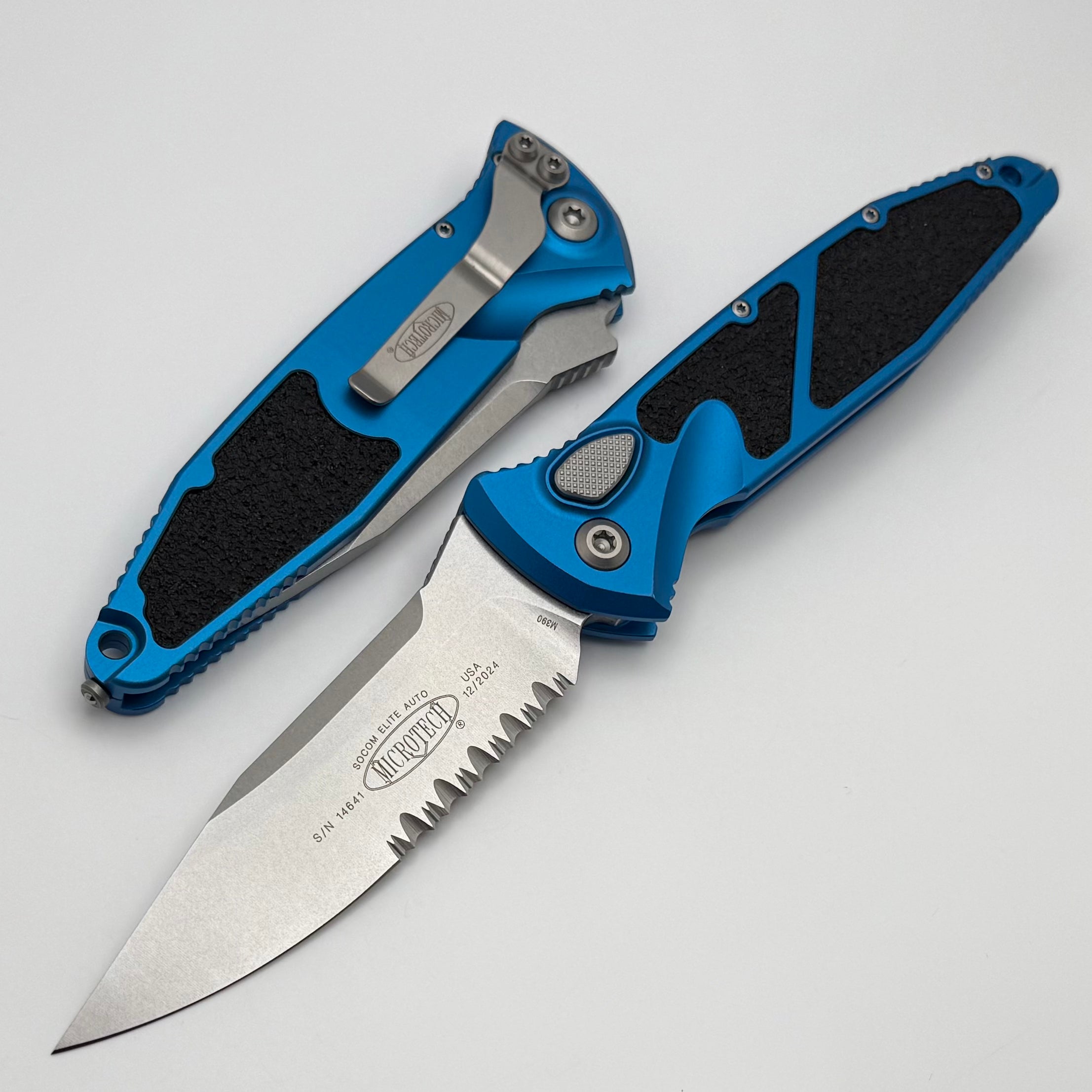 Microtech Socom Elite Auto Tactical Knife - Blue Handle, Stonewash Part Serrated Blade