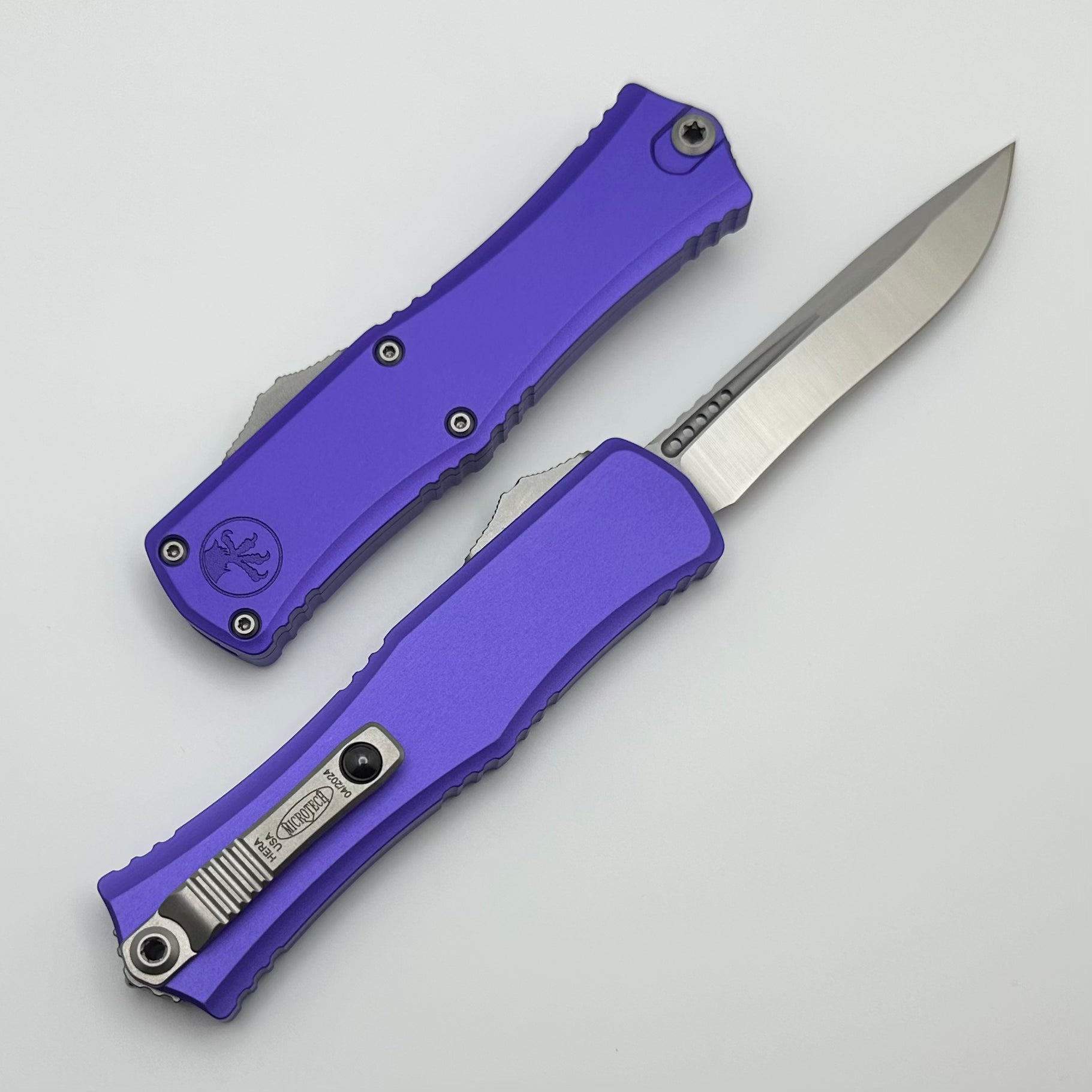 Premium Microtech Mini Hera Satin Recurve Knife - M390MK Steel, Purple Aluminum Handle