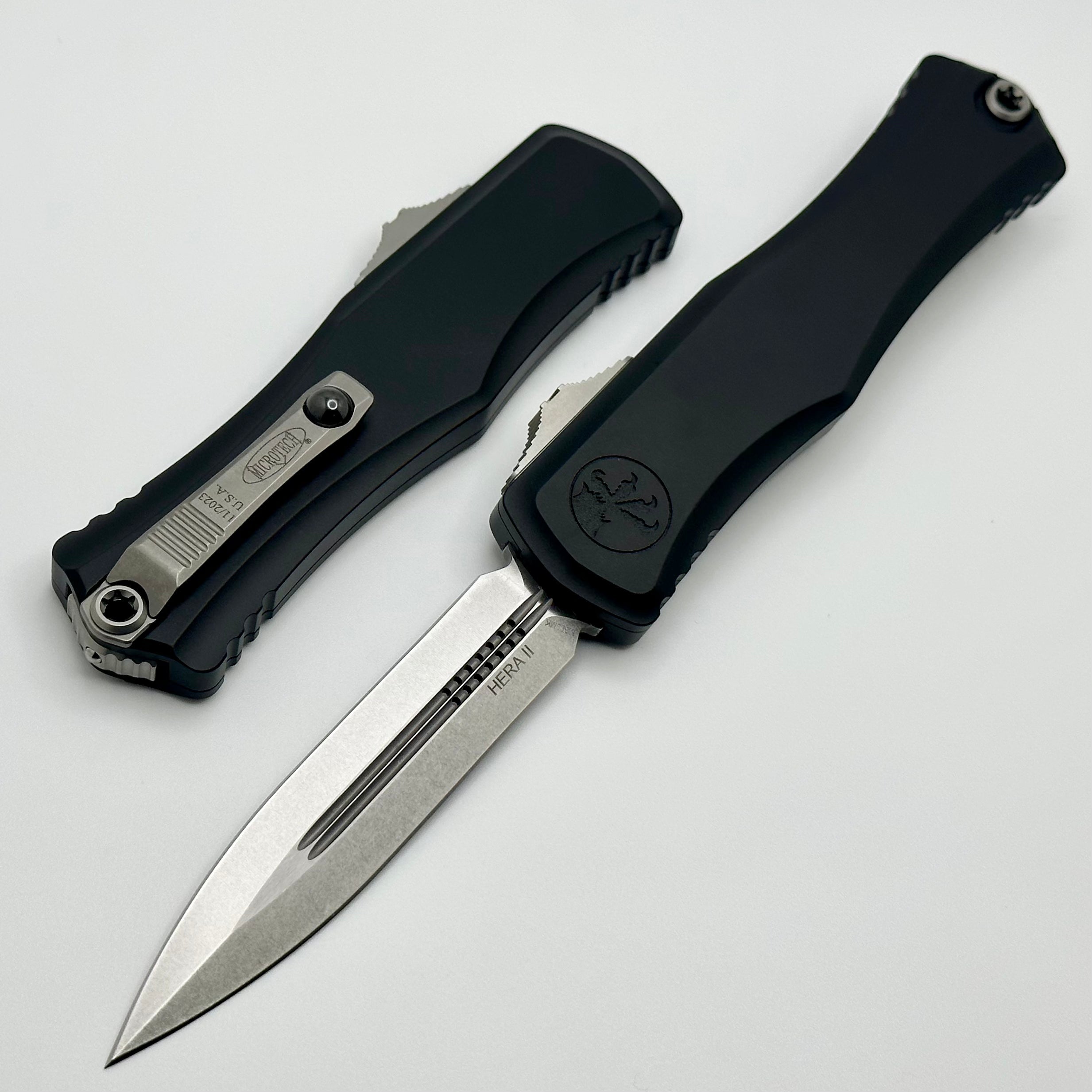 Microtech Hera II Ultimate OTF Knife - Stonewash Double Edge with Black Aluminum Handle