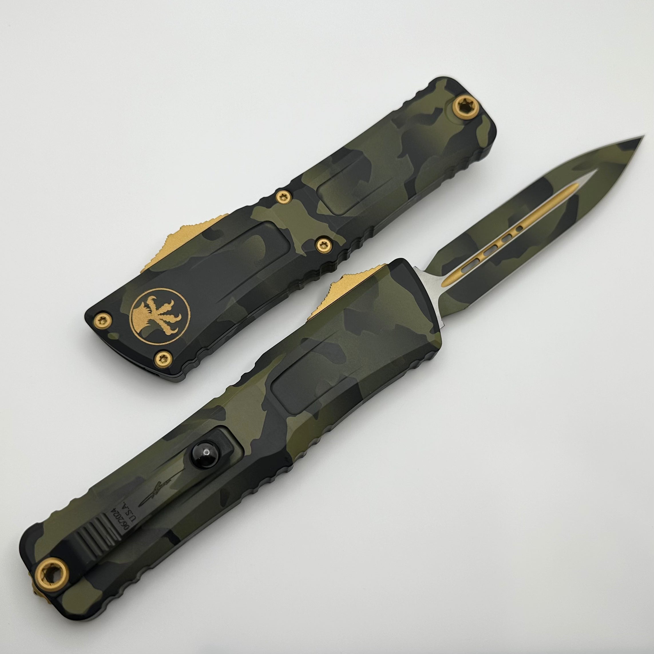 Microtech Combat Troodon Gen III Olive Camo Gold Accents OTF Knife - Ultimate Tactical EDC