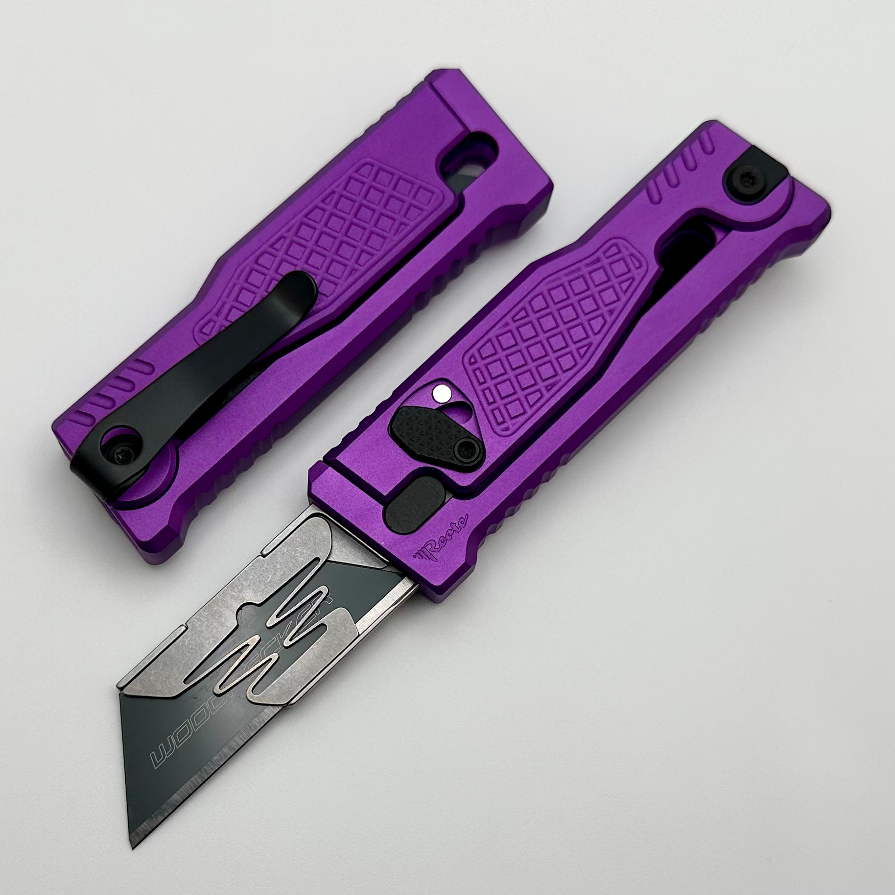 Reate EXO-U Premium Utility Knife - Diamond Pattern Purple Aluminum Handle