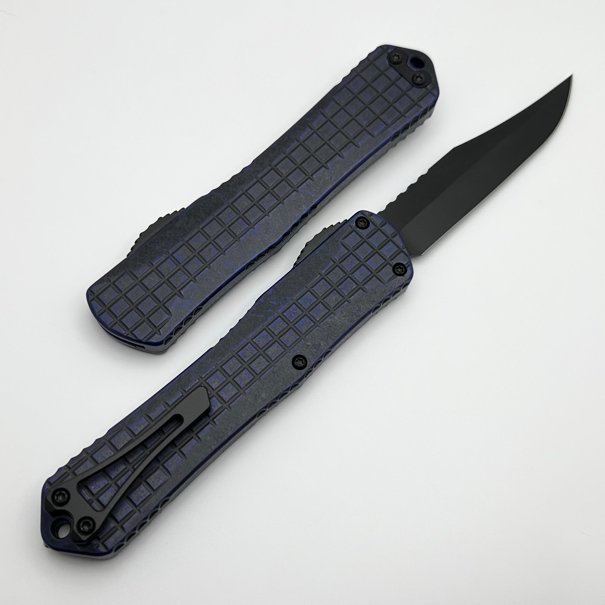 Heretic Knives Manticore X Premium OTF Knife - Purple Grenade Frag Handle & DLC Bowie MagnaCut