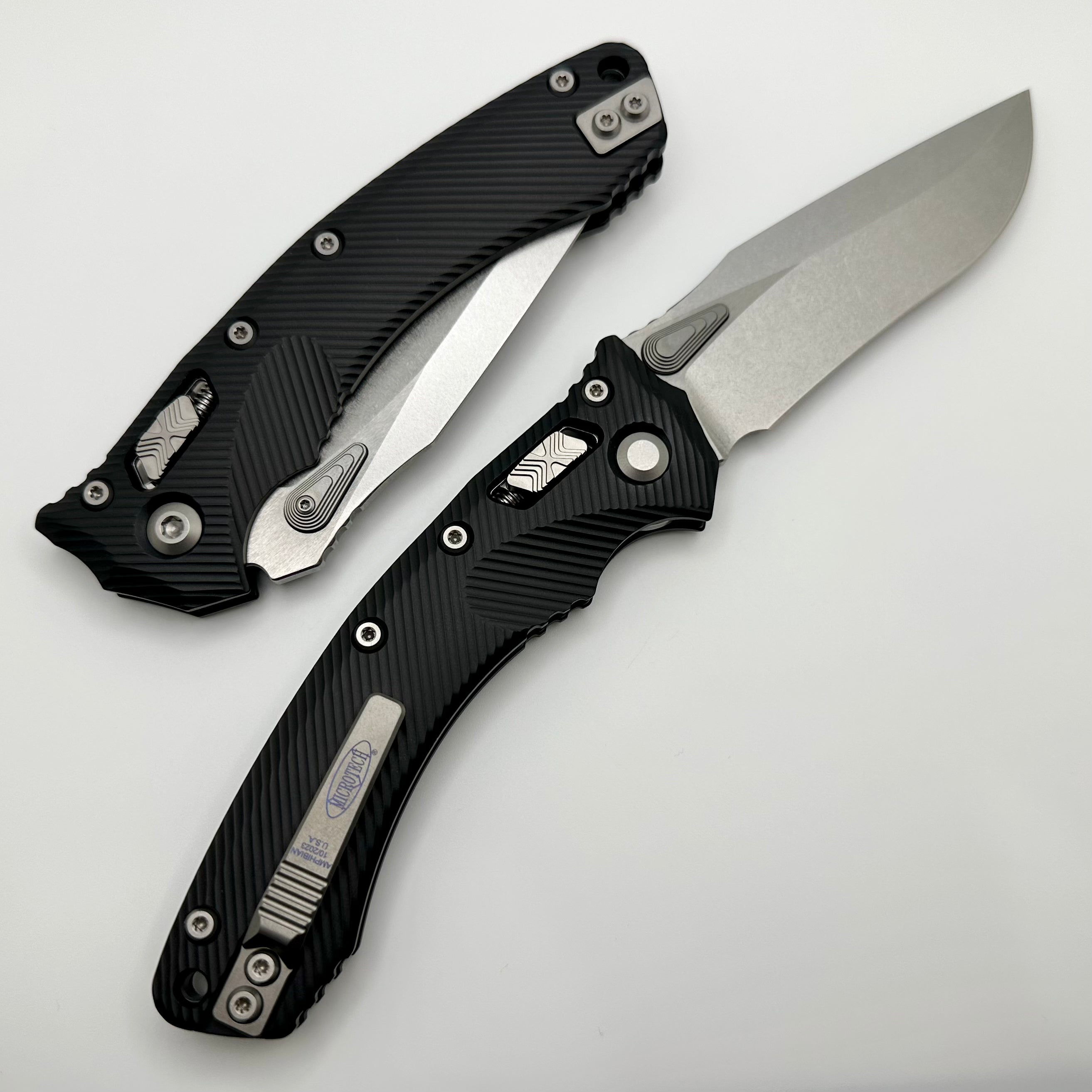 Microtech Amphibian RAM LOK Tactical Knife - Premium Black Fluted Aluminum & Stonewash M390MK Blade