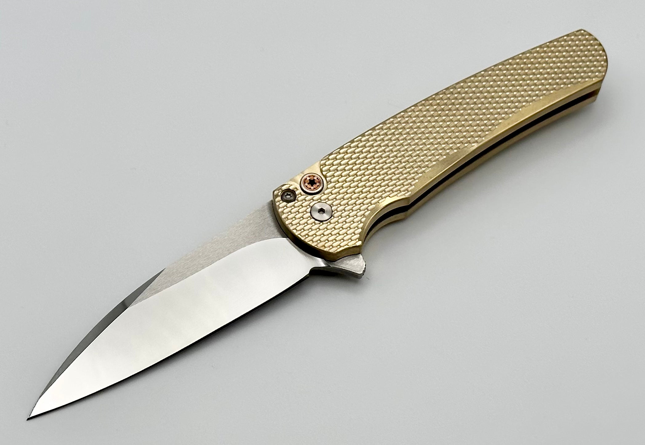 Premium Pro-Tech Malibu Folding Knife: Textured Bronze Handle with Mosaic Button & Mirror Polished Blade