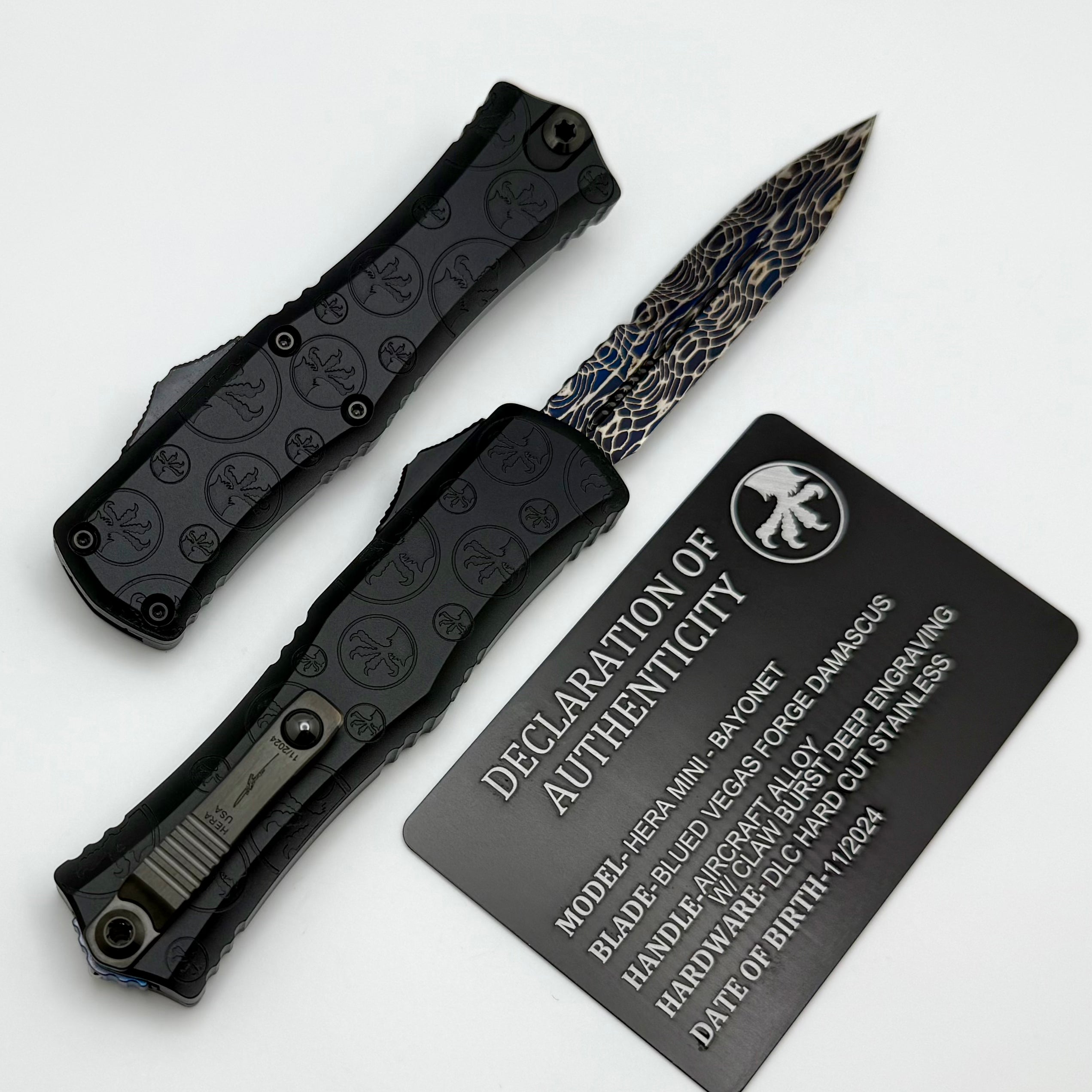 Microtech Marfione Select Hera II Mini: Premium Damascus Bayonet with Black Claw Burst Handle - Signature Series 1701M-16MS2