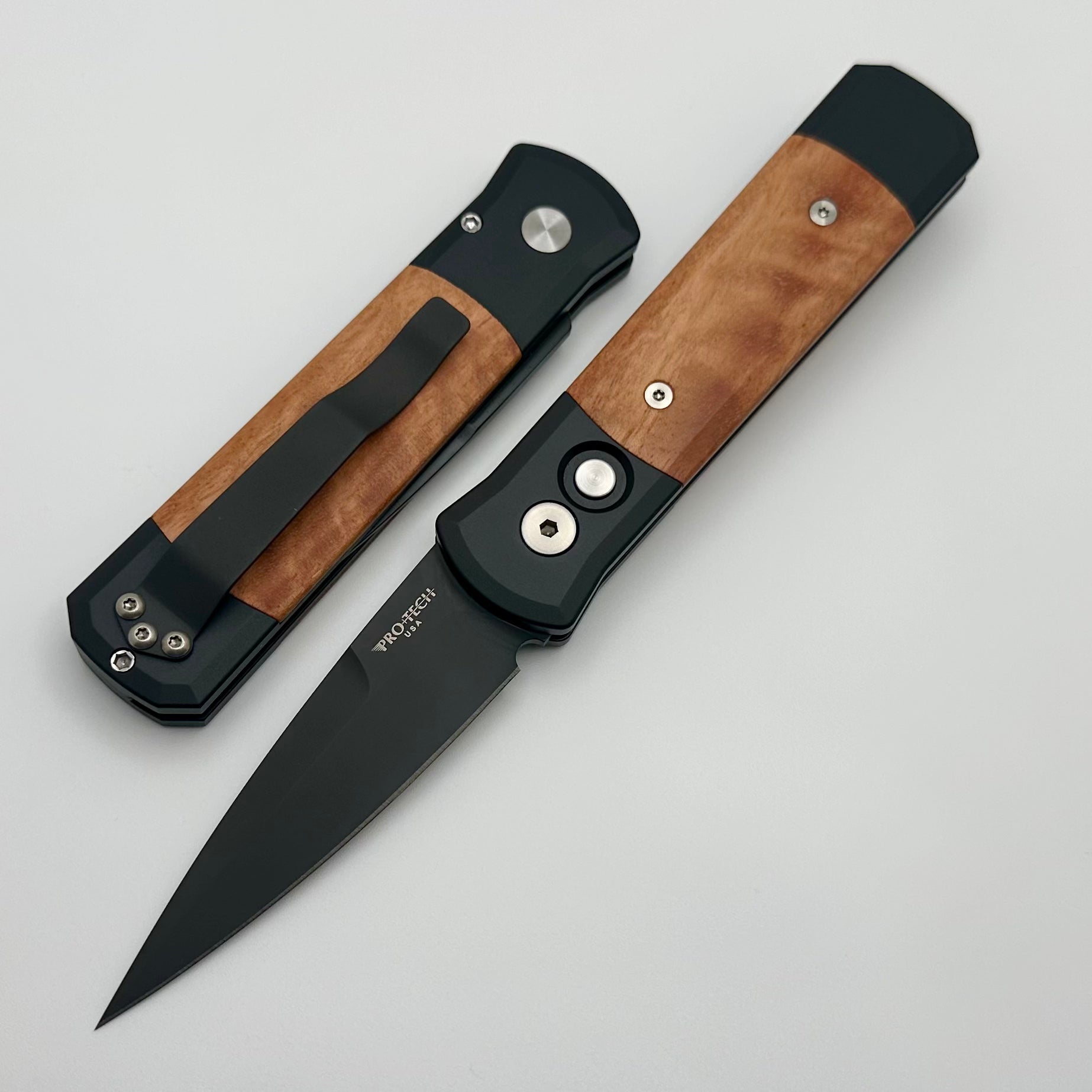 Premium Pro-Tech Godson Automatic Knife - Red Ironbark Eucalyptus Wood Inlays & Black 154-CM Blade