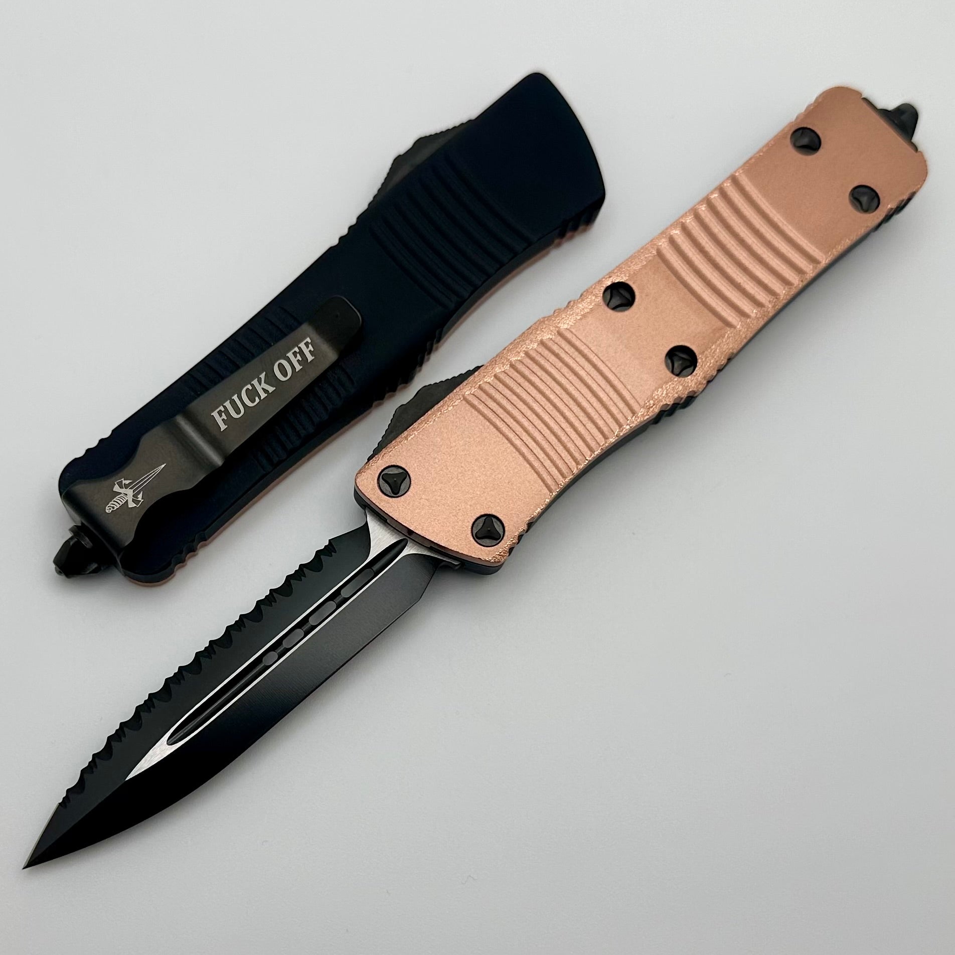 Premium Microtech Troodon D/E Stippled Copper Top with DLC Full Serrated Edge - Ultimate Utility Knife