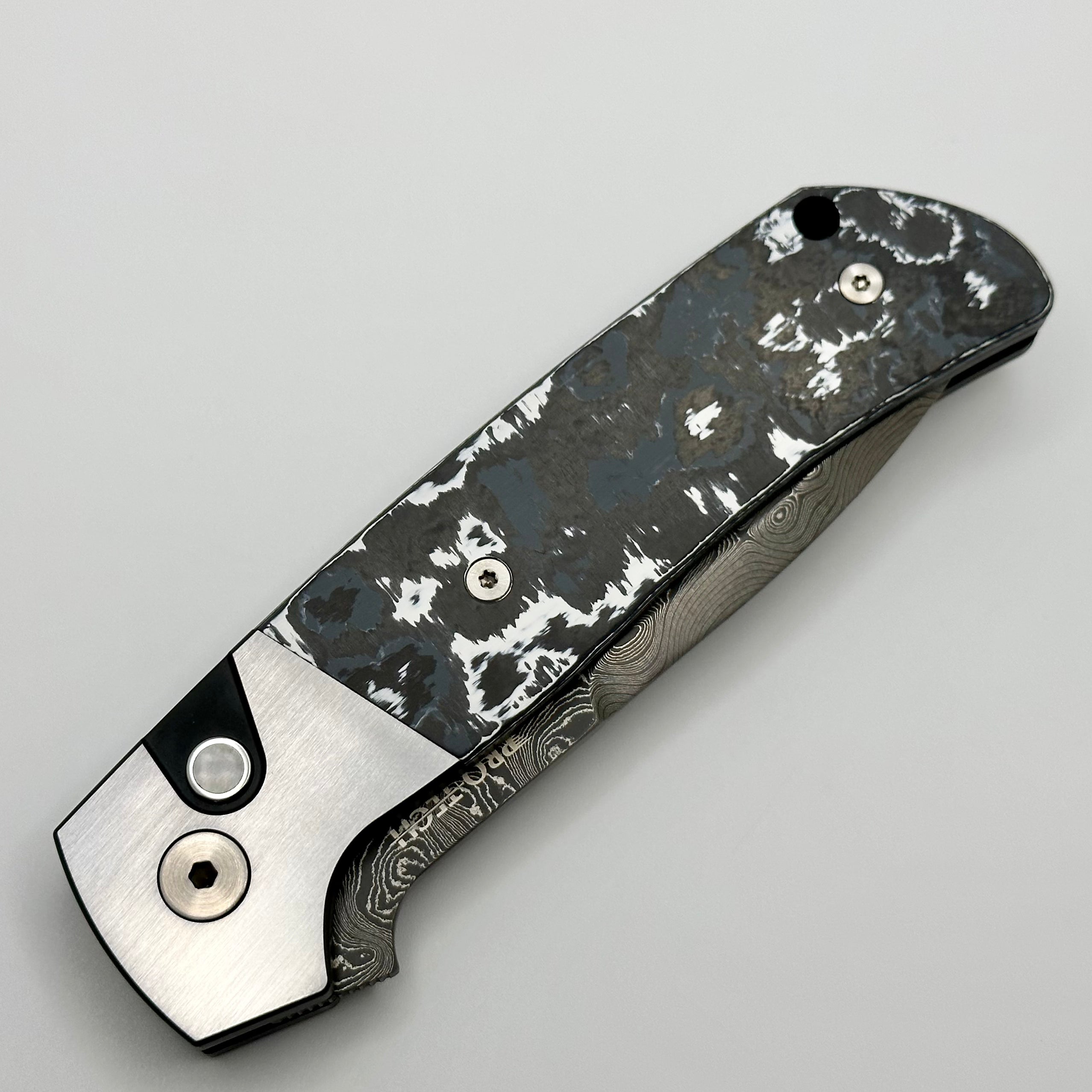Pro-Tech ATCF Monochrome Custom Two Tone DLC 416 Steel w/ White Storm Fat Carbon Inlays & Black Lip Pearl Button w/ Chad Nichols Virus Damascus Enthusiast 2023 Edition PRE OWNED
