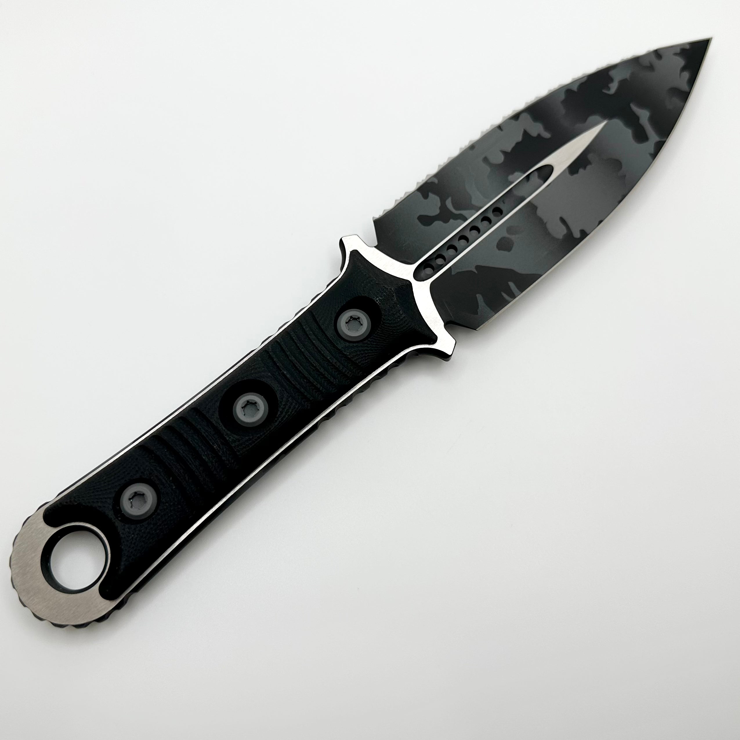 Microtech Borka SBD Urban Camo Tactical Knife - Full Serrated & Black G-10 Handle