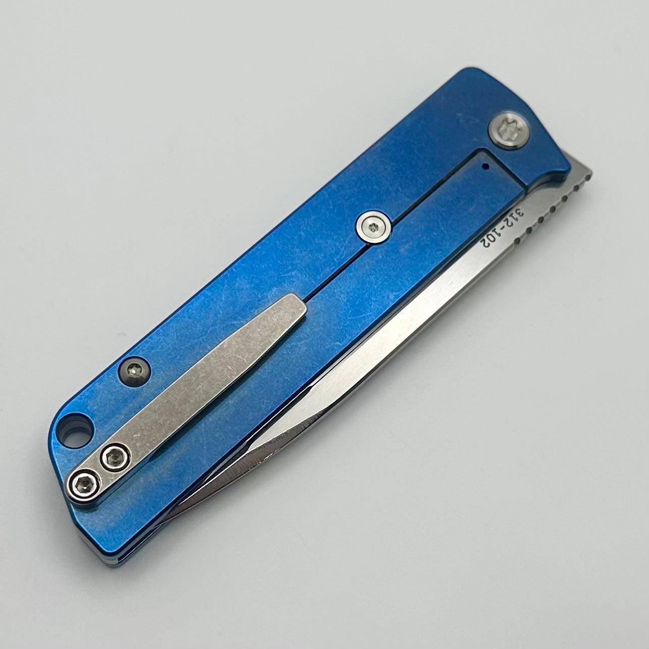 Medford Antik Premium Front Flipper Knife - S45VN Drop Point & Blue Titanium Handles