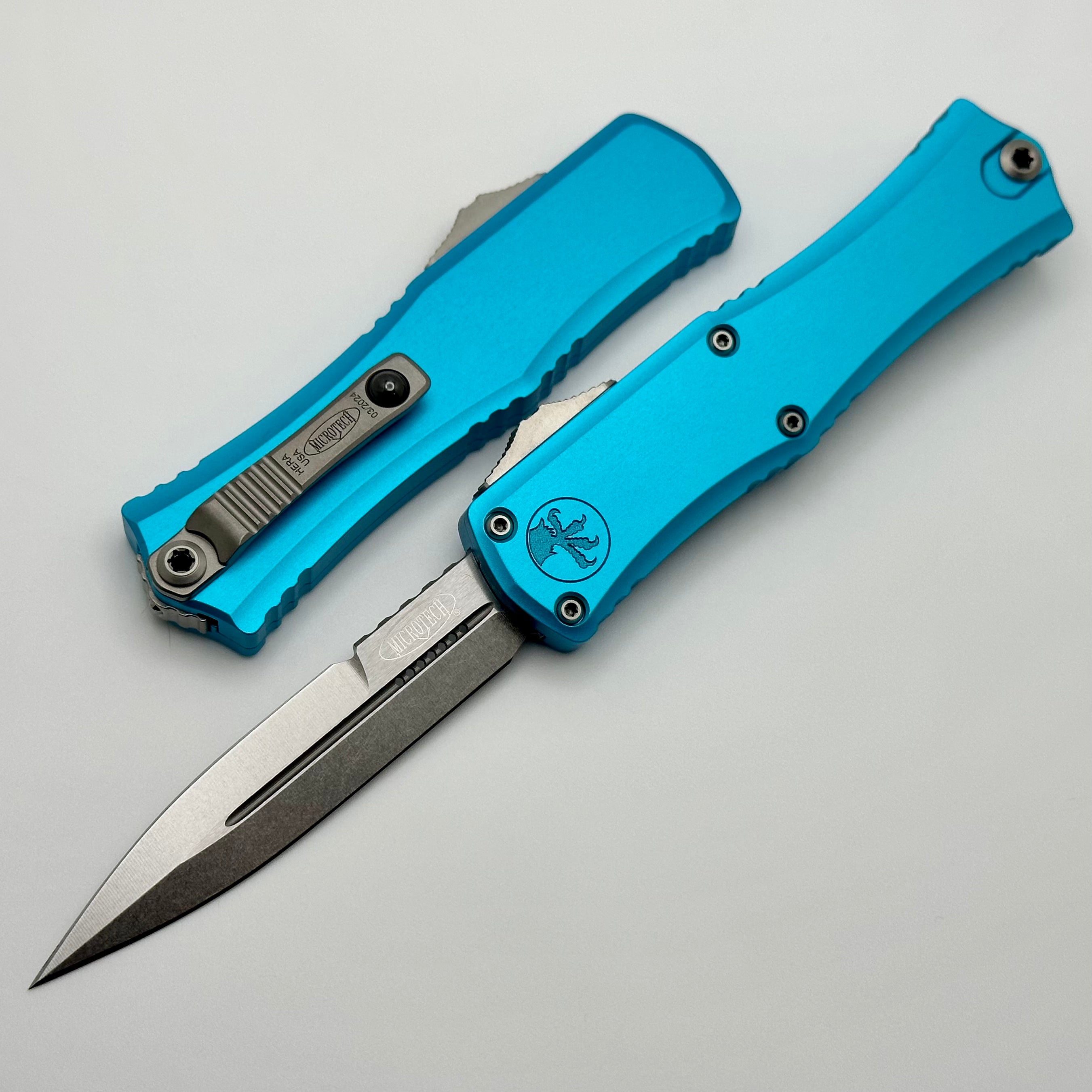 Microtech Mini Hera Premium OTF Knife - Stonewash Bayonet with Turquoise Handle