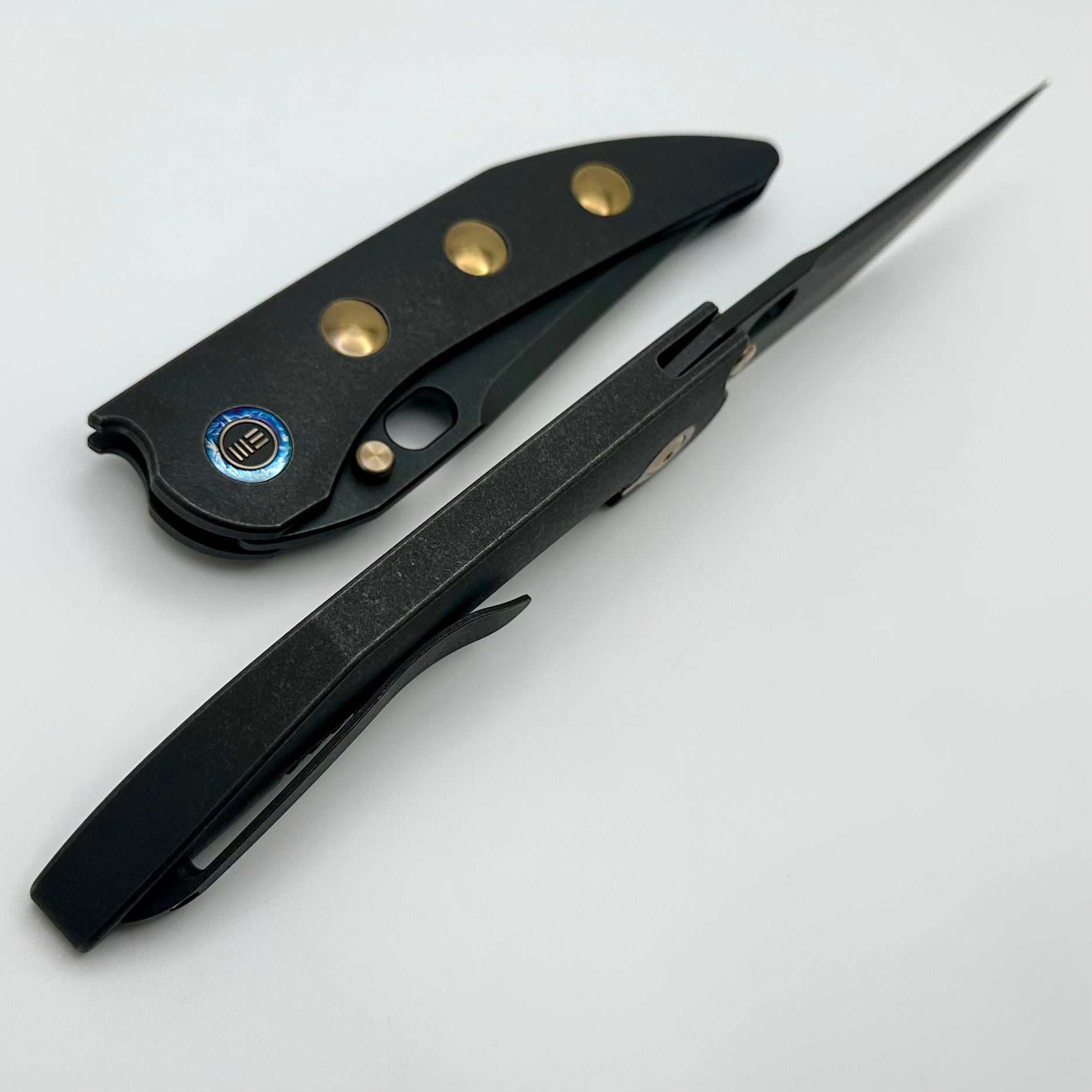 Premium We Knife Attor Black Titanium Integral Handle with Golden Inlays & Black Stonewash 20CV - Ultimate EDC Companion