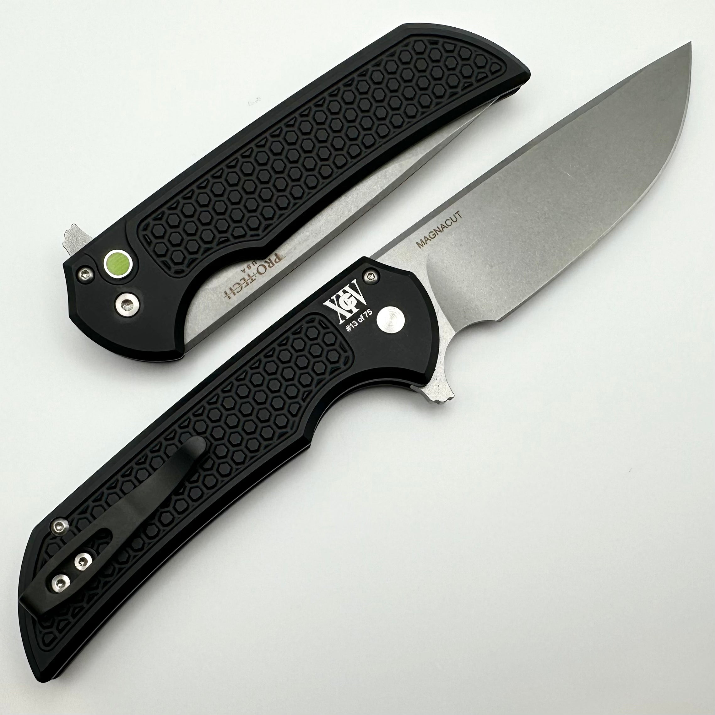 Ultimate Pro-Tech Mordax Flipper Knife - Honeycomb Textured Black with Green G10 Button & Stonewash MagnaCut Blade