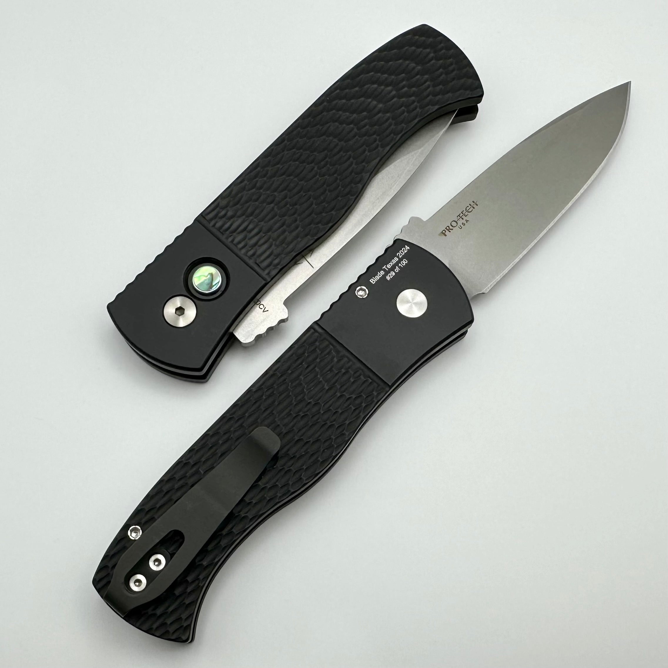 Pro-Tech Emerson CQC-A Auto Knife - Premium Textured Black Handle with Abalone Button & Stonewash 20CV Blade - Texas Blade Show 2024 Edition