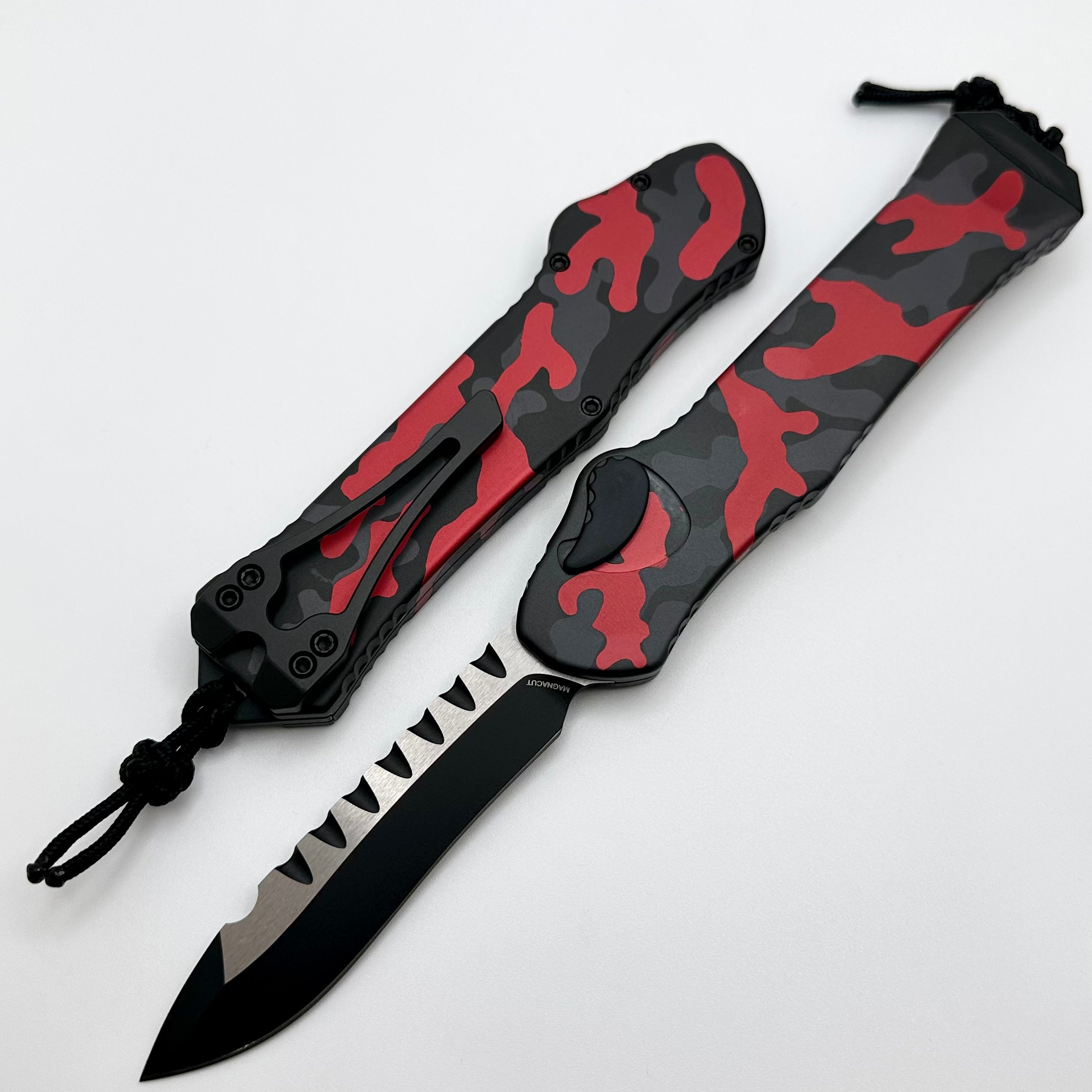 Heretic Hydra V3 Ultimate Tactical Knife - Red Camo Aluminum Handle & Two Tone Cerakote Recurve MagnaCut