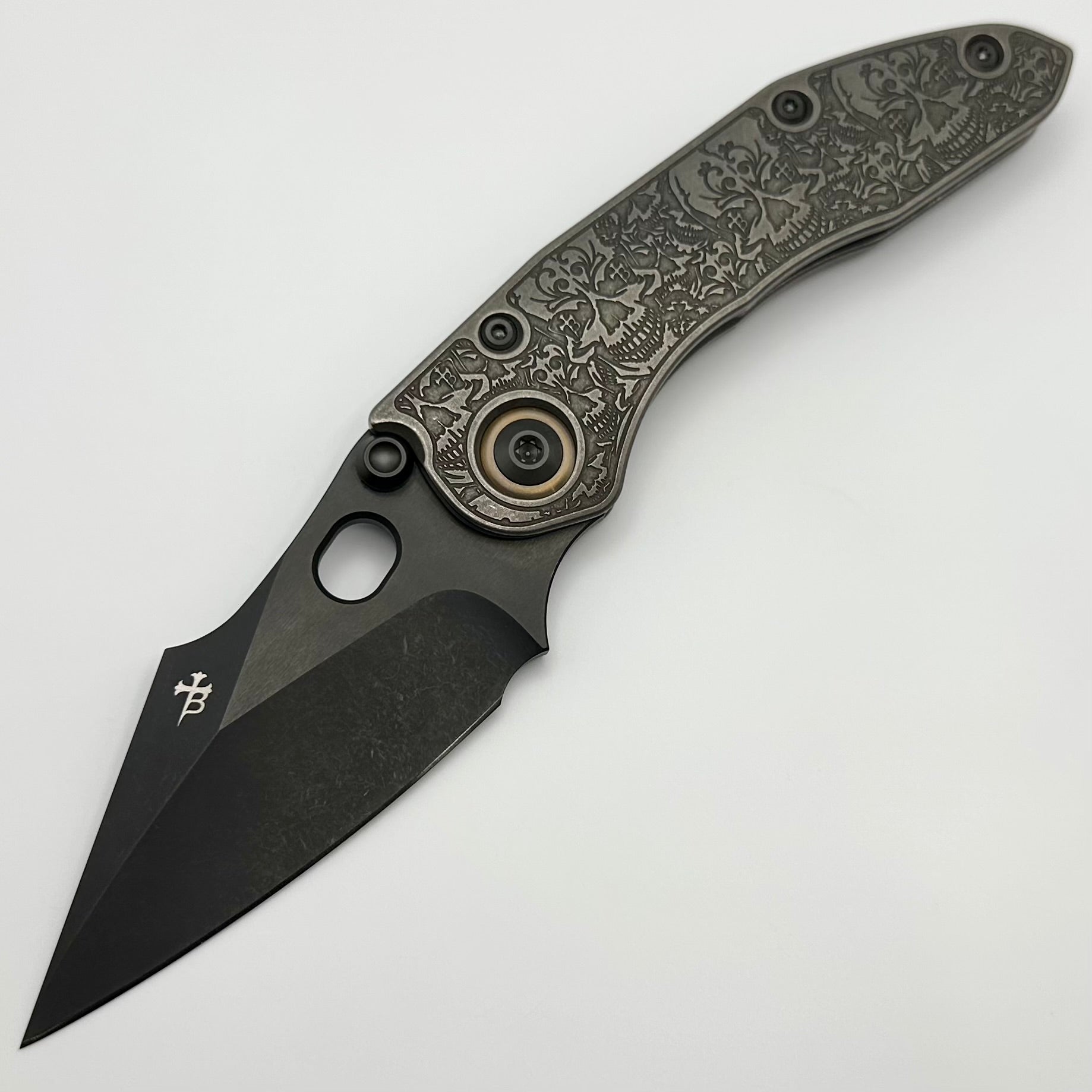 Borka Blades & Ti2 Design Skulls Stitch Knife - Premium M390 Steel with Bronze Pivot Collars & DLC Finish