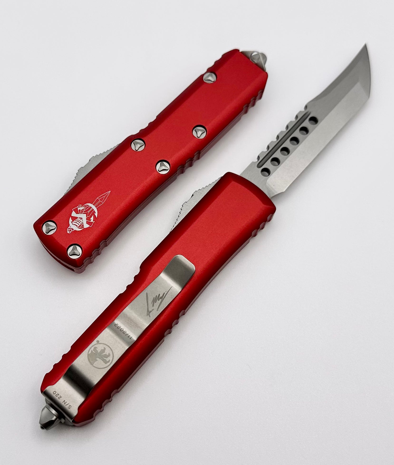 Premium Microtech UTX-85 Hellhound EDC Knife - Stonewash & Red Finish