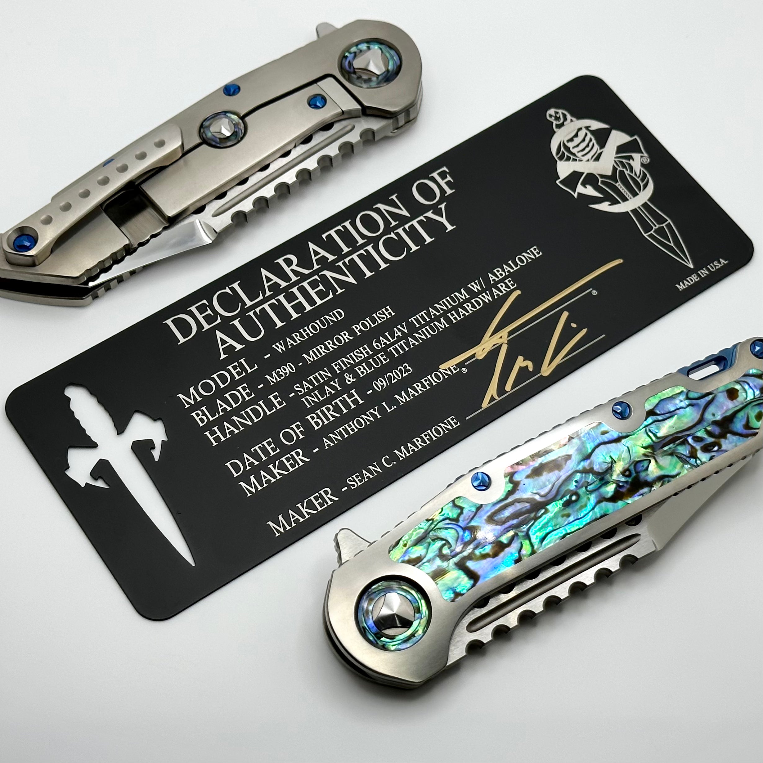 Marfione Custom Warhound Knife: Premium Mirror Polish Blade with Abalone Inlay & Blue Titanium Hardware