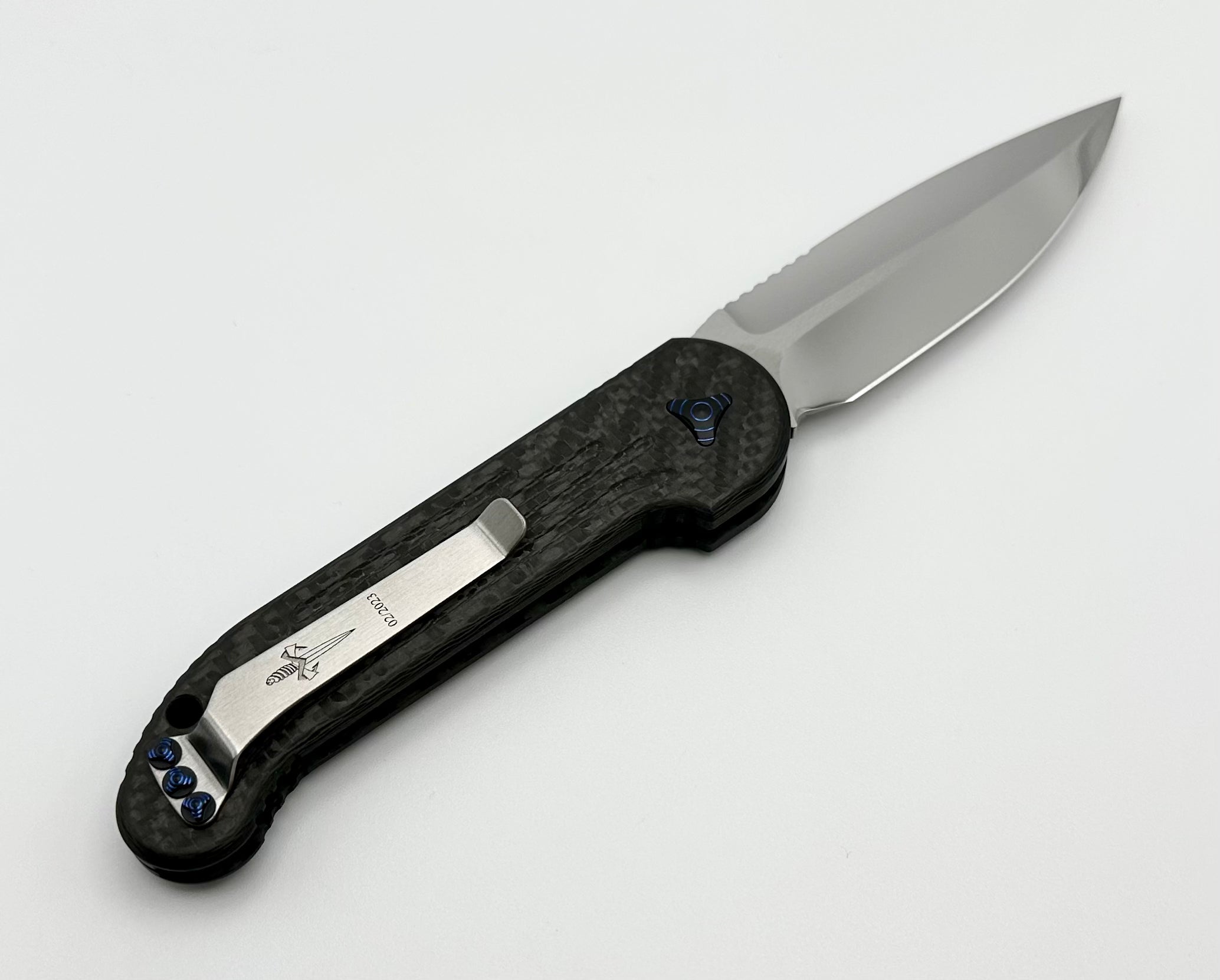 Premium Marfione Custom LUDT Knife - Mirror Polish with Carbon Fiber & Blue Accents