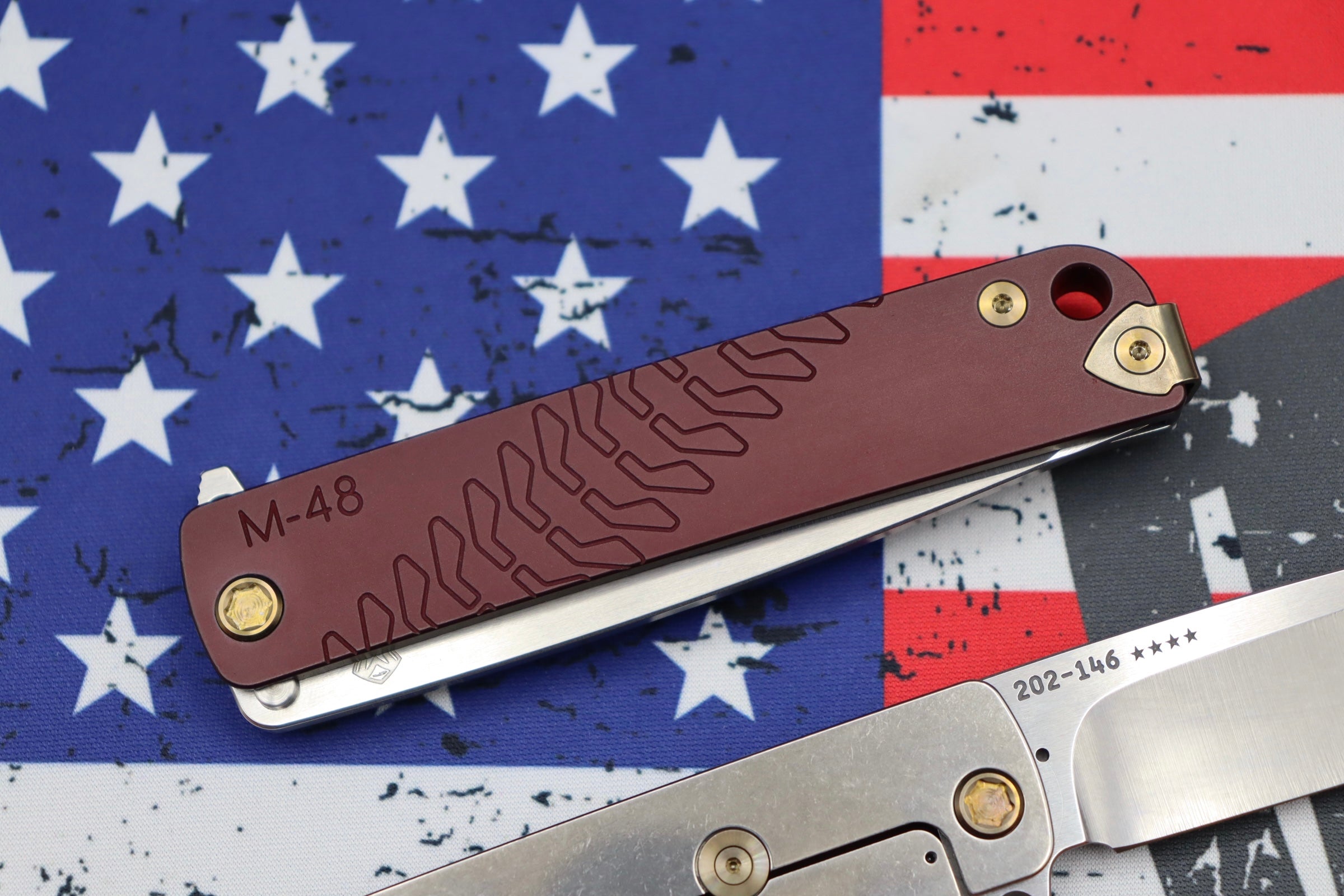 Medford M-48 Premium Tactical Knife - Red Aluminum Handle with S35VN Tumbled Blade