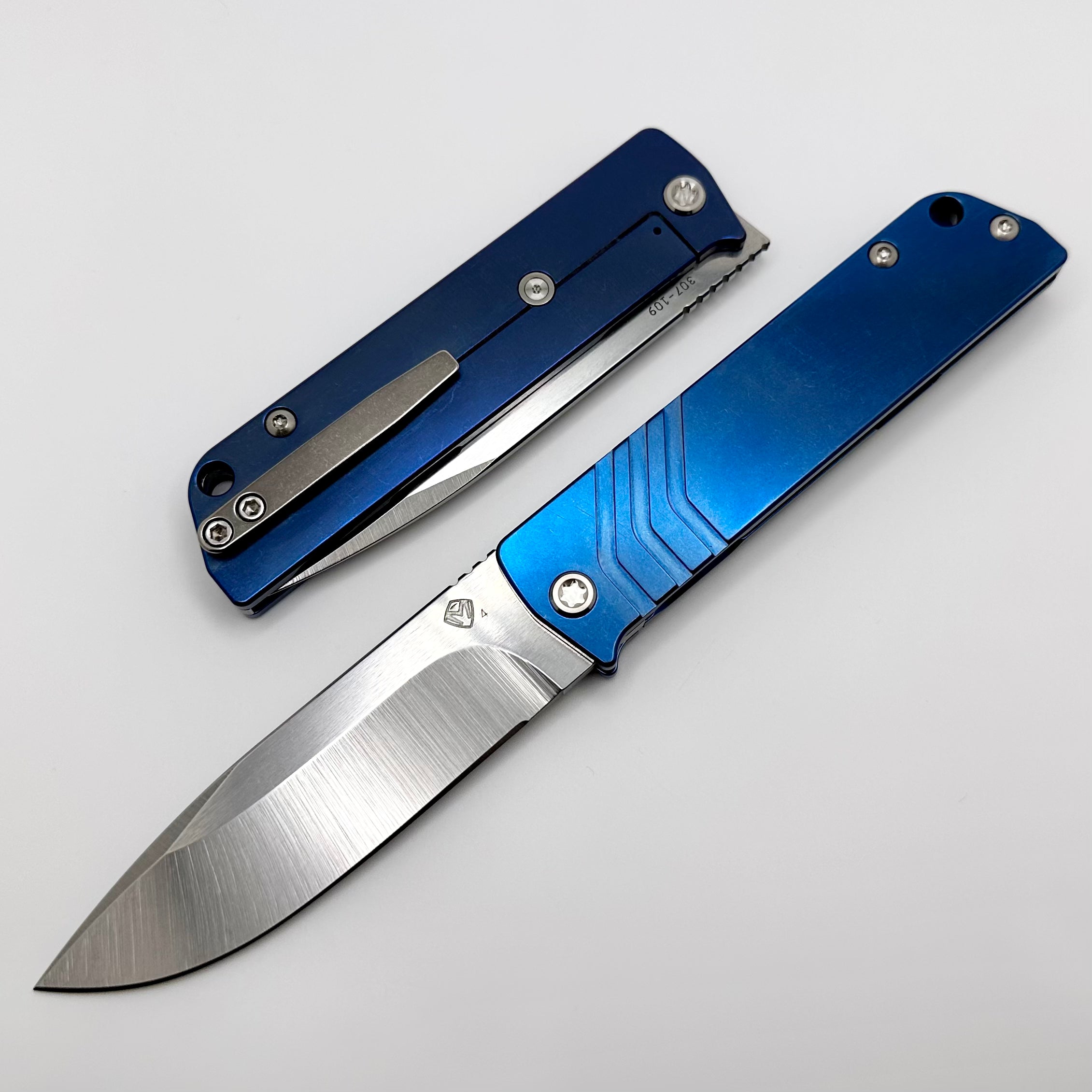 Medford Antik Front Flipper Knife - Premium Tumbled S45VN Drop Point & Blue Titanium Handles