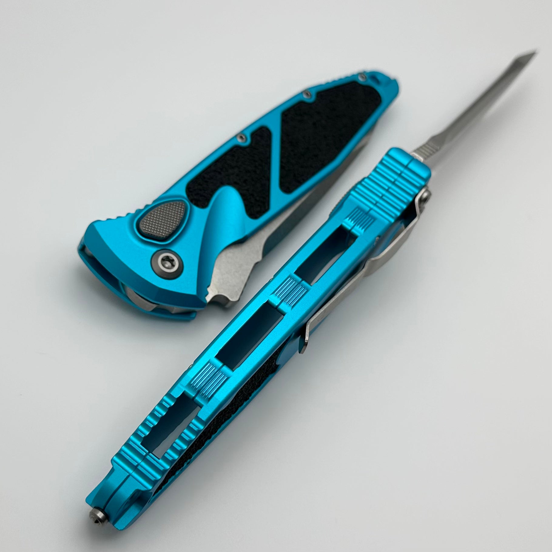 Microtech Socom Elite Auto Tactical Knife - Turquoise Handles, Stonewash Tanto Partial Serrated Blade