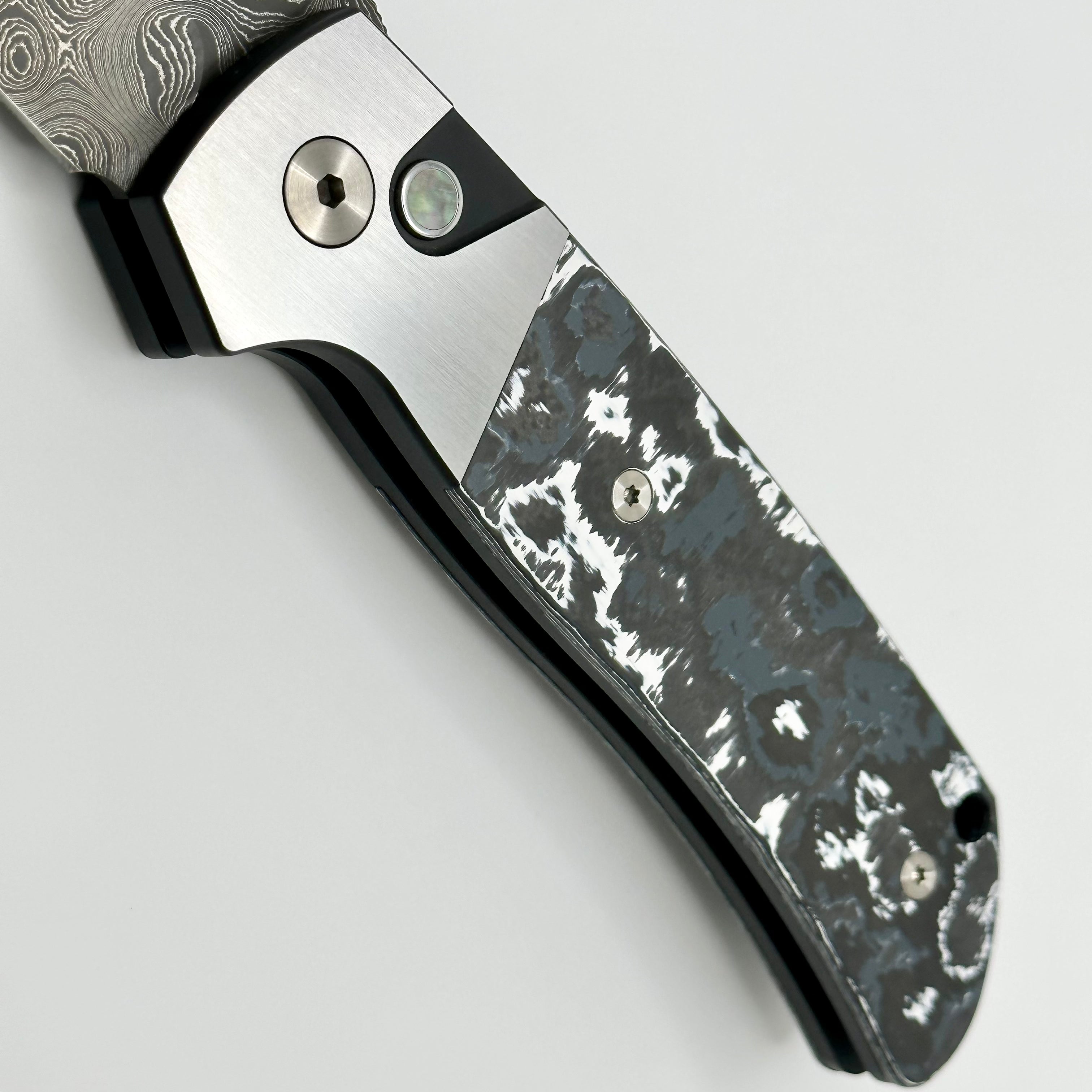 Pro-Tech ATCF Monochrome Custom Two Tone DLC 416 Steel w/ White Storm Fat Carbon Inlays & Black Lip Pearl Button w/ Chad Nichols Virus Damascus Enthusiast 2023 Edition PRE OWNED