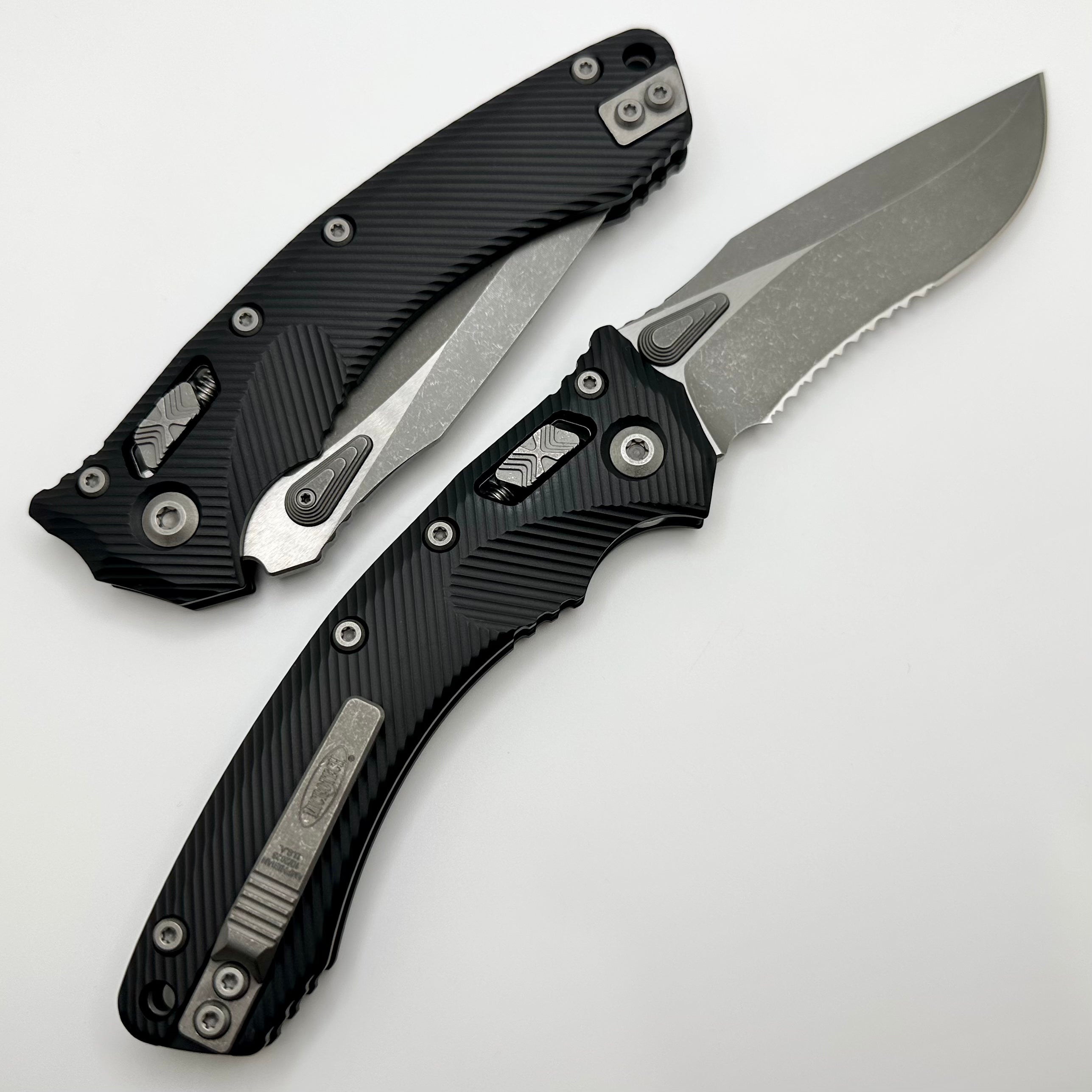 Premium Microtech Amphibian RAM LOK Tactical Knife - Black Fluted Aluminum, Partial Serrated Apocalyptic M390MK