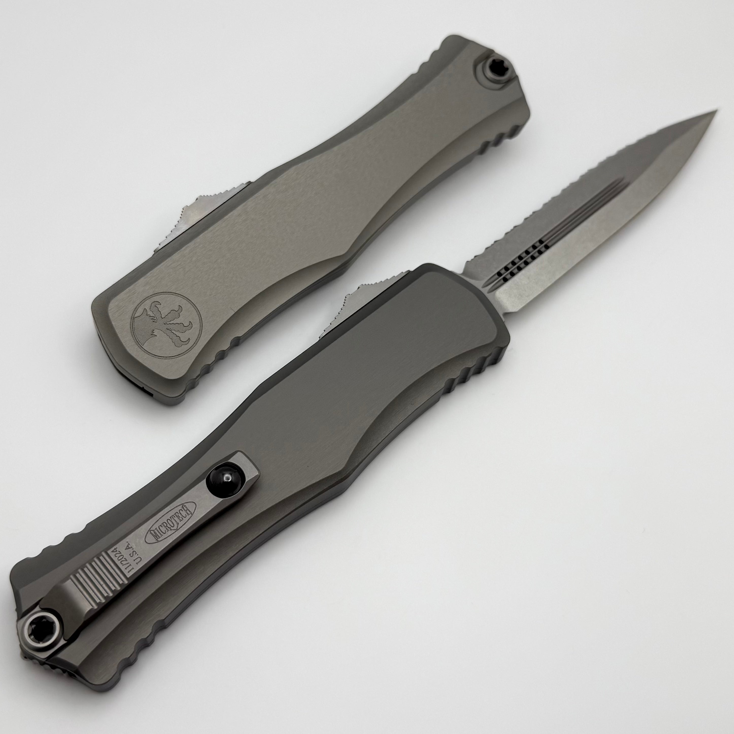 Microtech Hera II Ultimate OTF Knife - Stonewash Finish, Double Edge Serrated